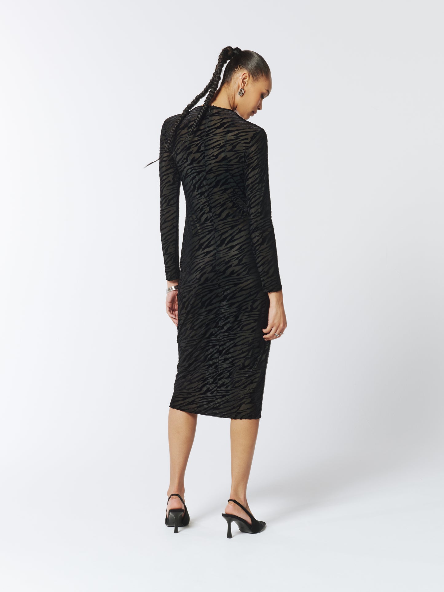 Zebra PatternSOUR FIGS Velvet and Mesh Midi Dress in Black