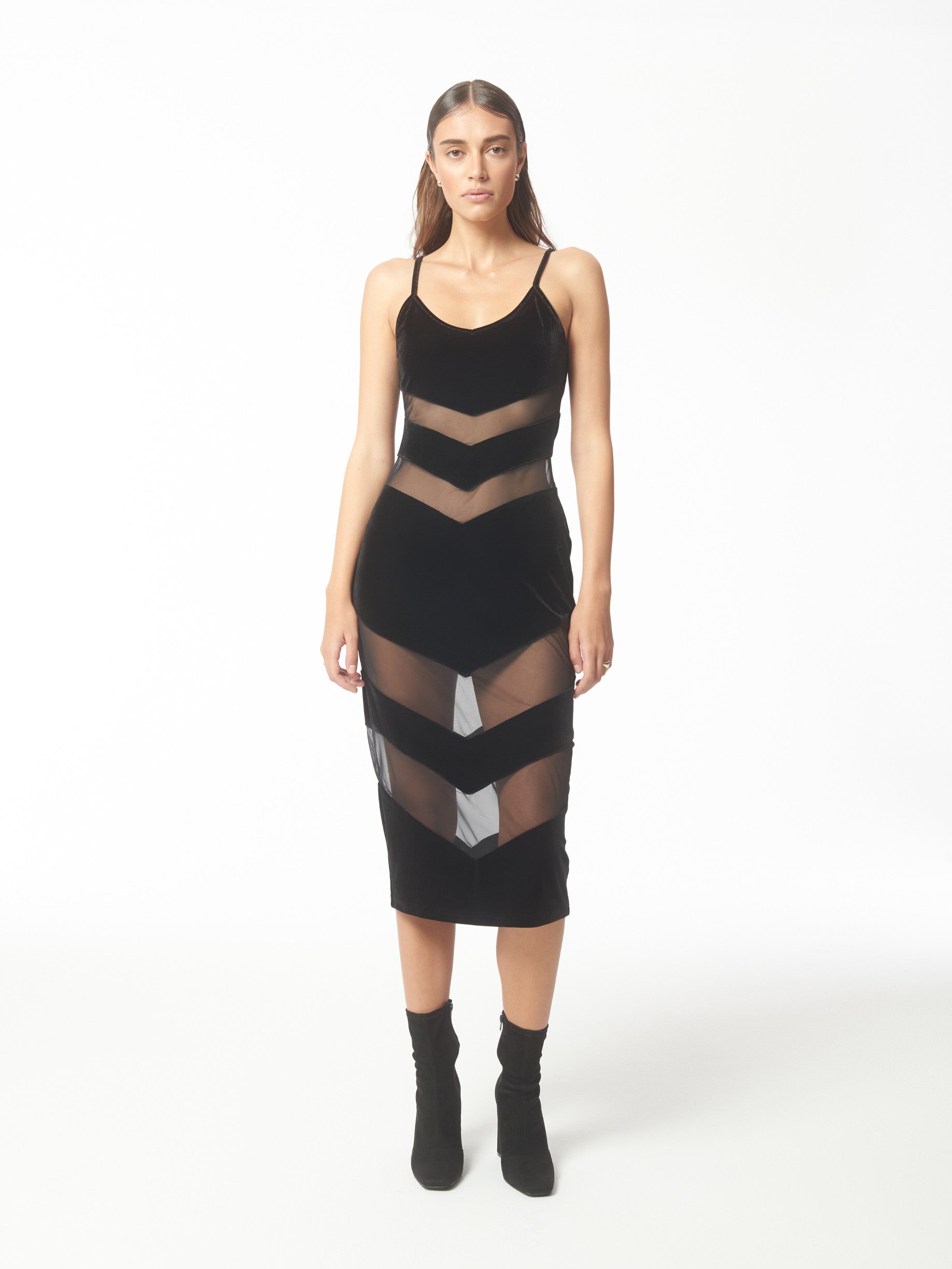 Black mesh shop panel midi dress