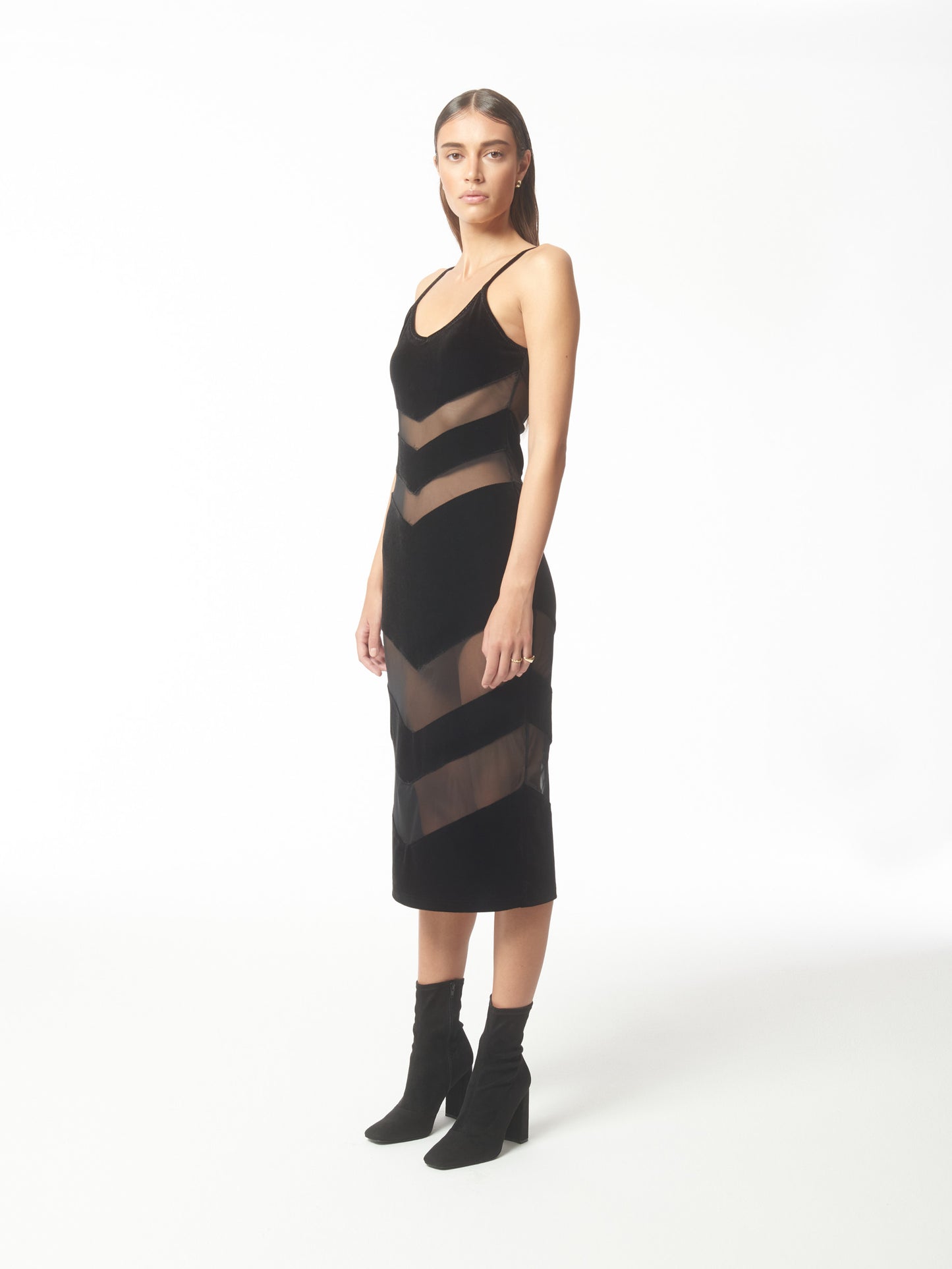 SOUR FIGS Contrast Tulle and Velvet Panel Midi Dress in Black