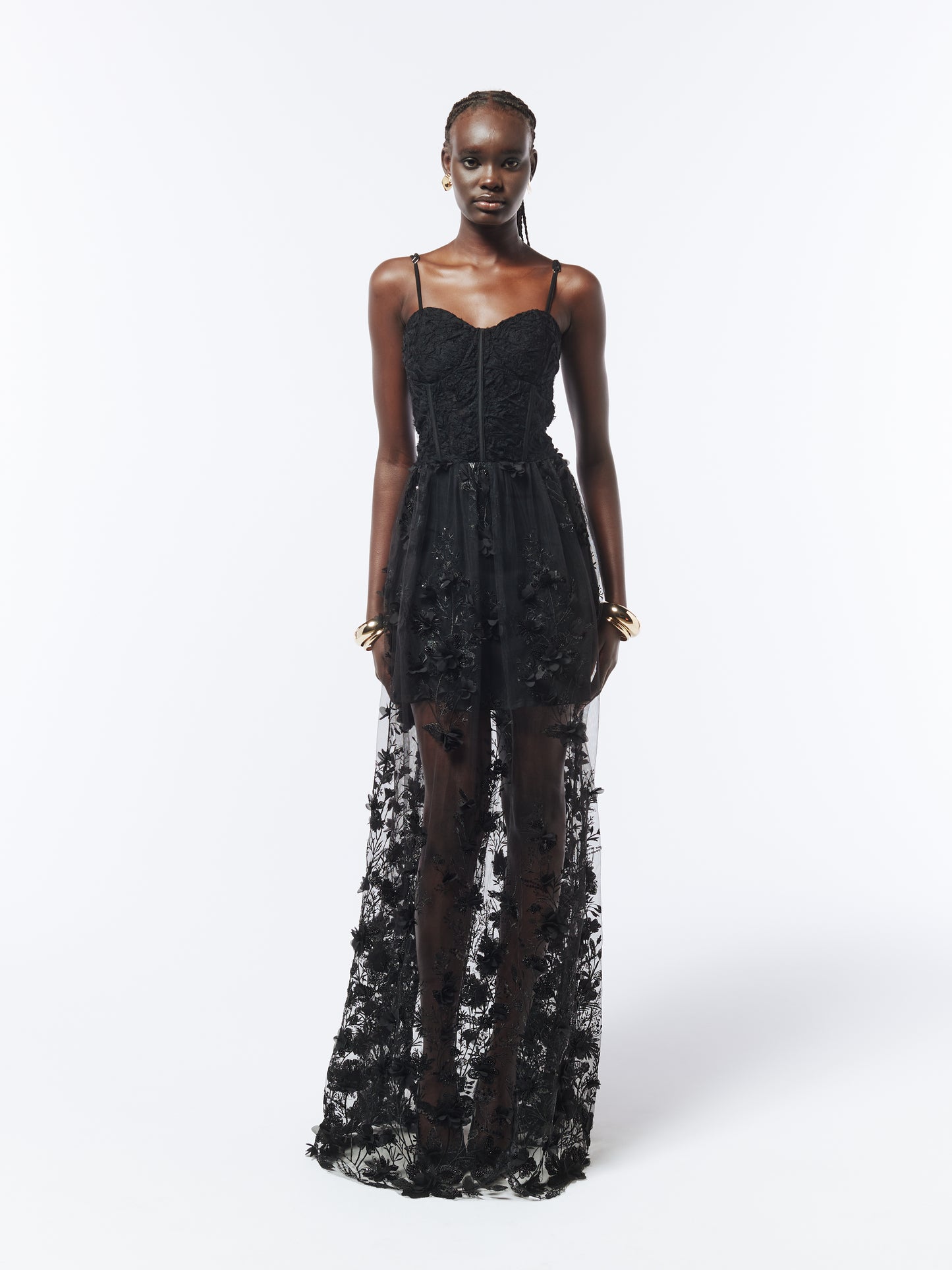 SOUR FIGS Floral Embellished Bustier Sheer Gown in Black