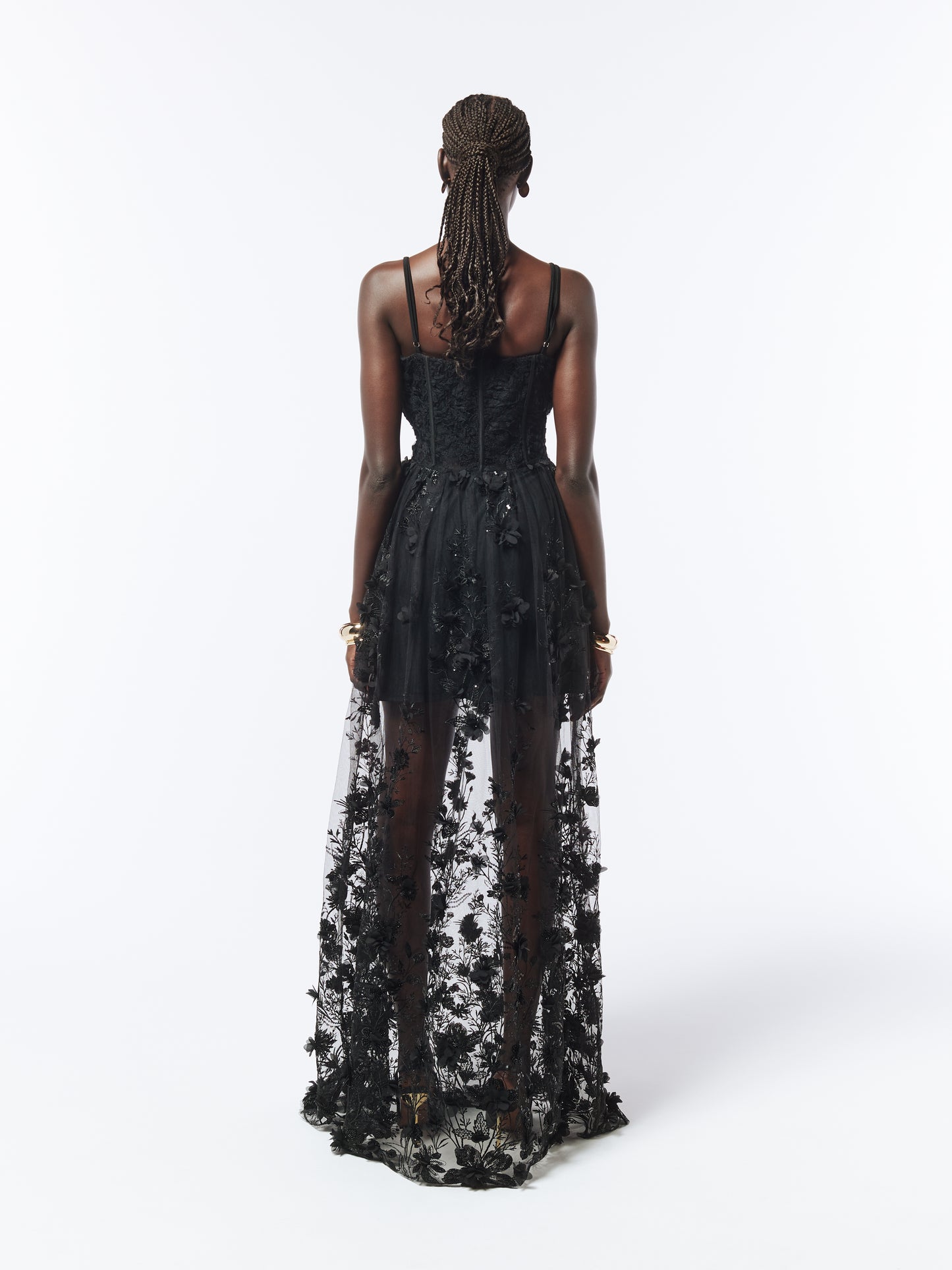 SOUR FIGS Floral Embellished Bustier Sheer Gown in Black