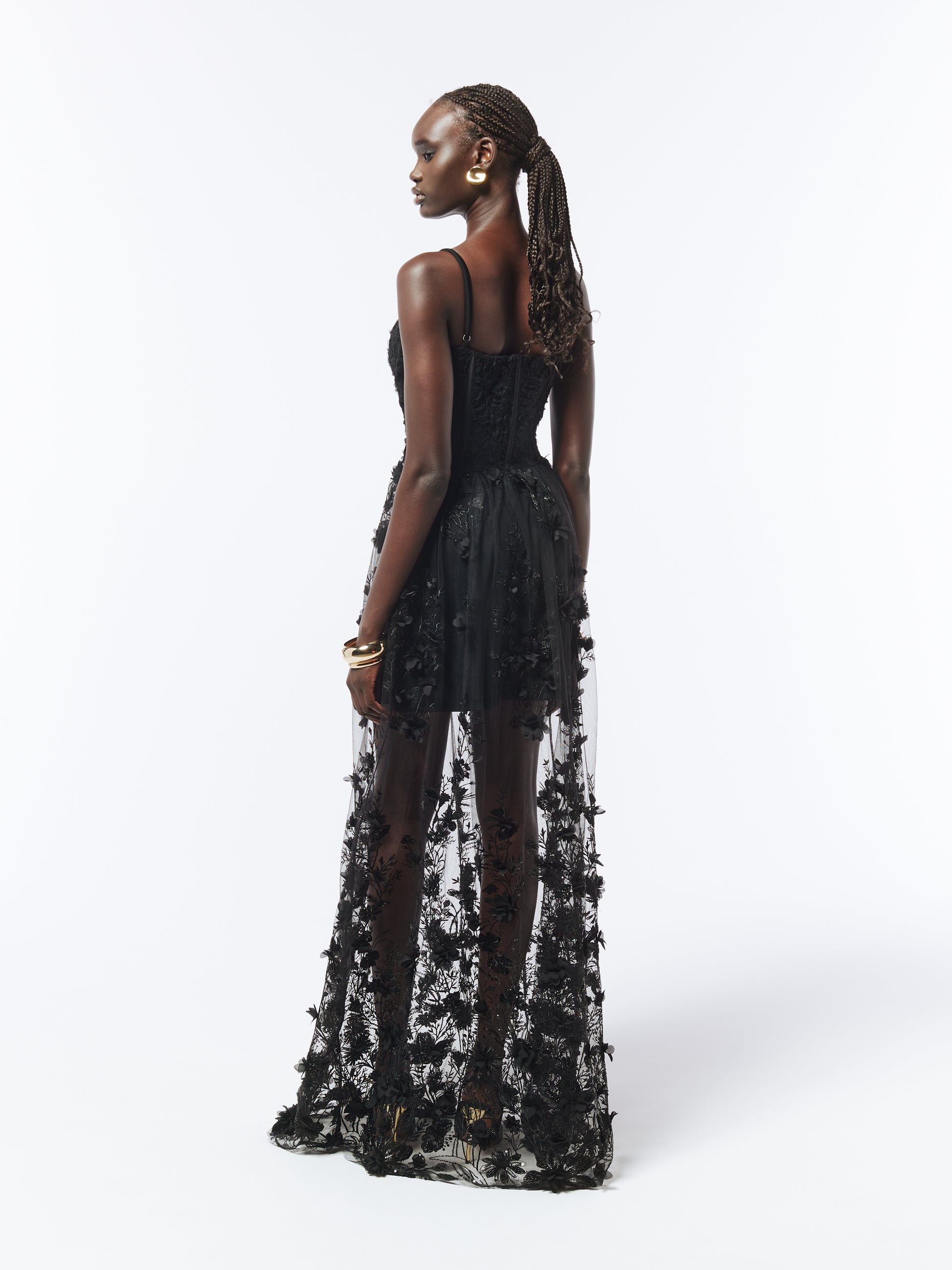 SOUR FIGS Floral Embellished Bustier Sheer Gown in Black