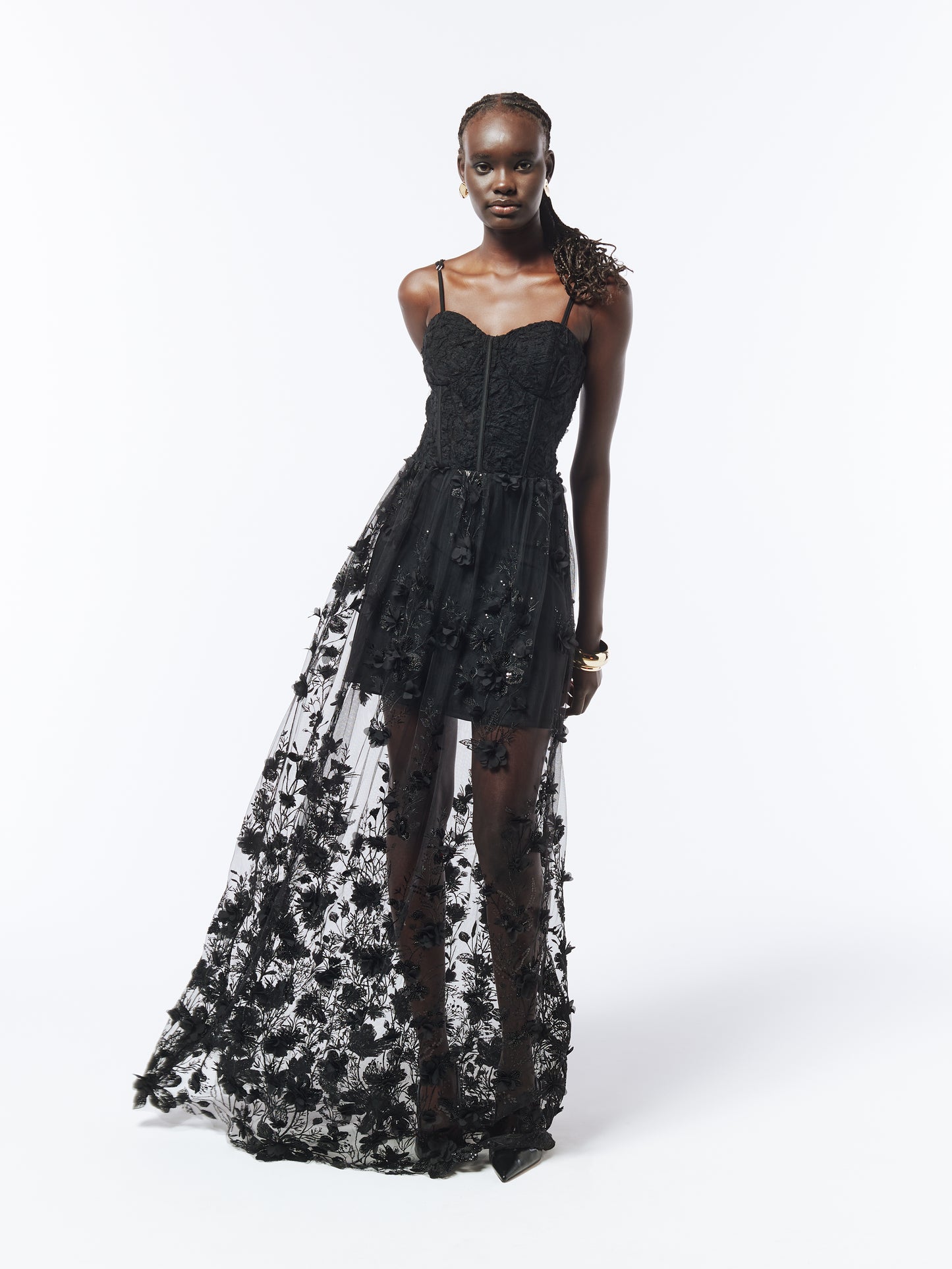 SOUR FIGS Floral Embellished Bustier Sheer Gown in Black