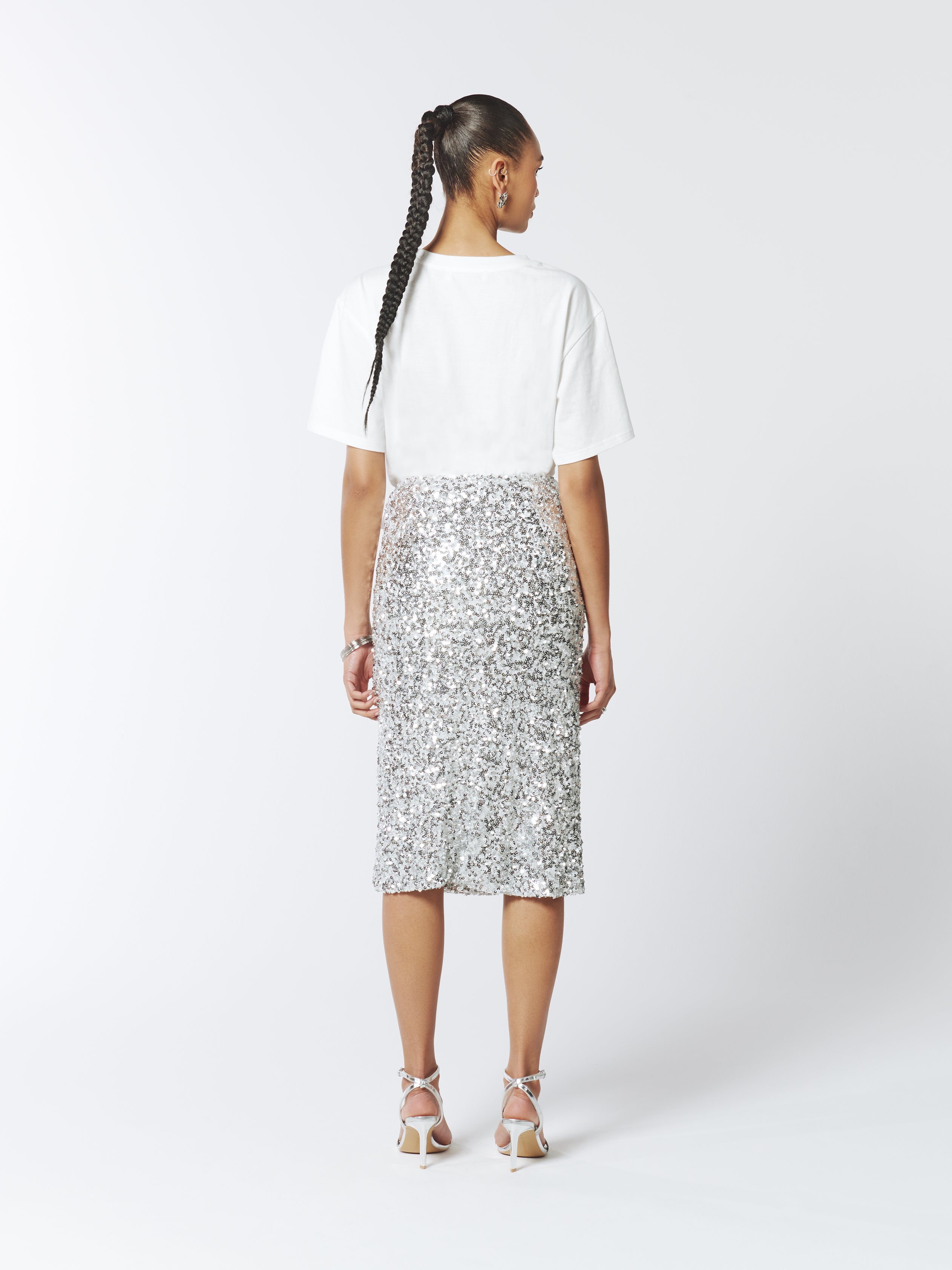 Floral Embellished Sequin Skirt in Silver SOUR FIGS