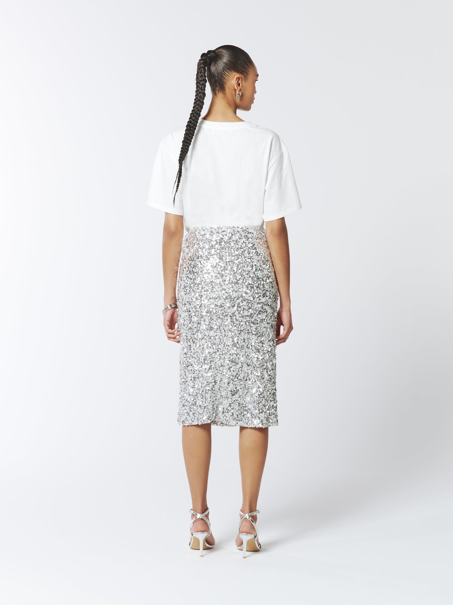 SOUR FIGS Floral Embellished Sequin Skirt in Silver