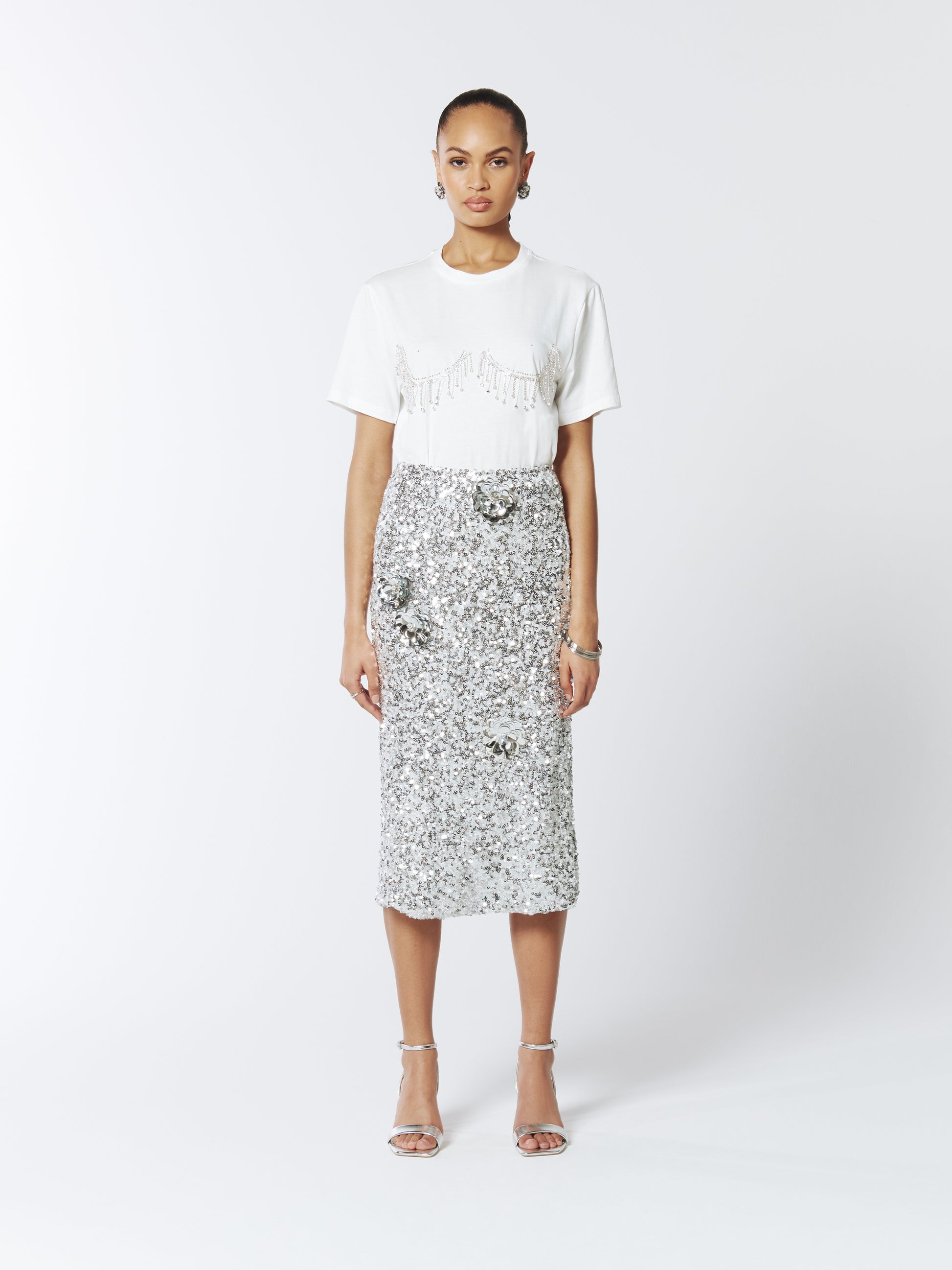 SOUR FIGS Floral Embellished Sequin Skirt in Silver