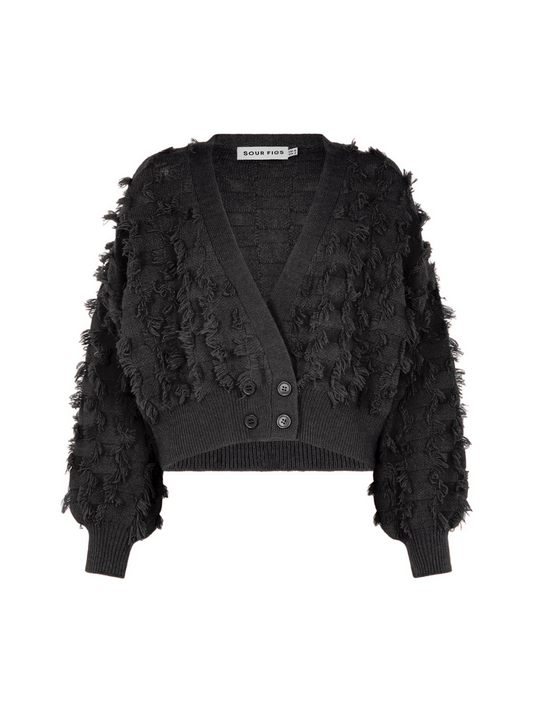 Fringed Checkerboard Cardigan in Black