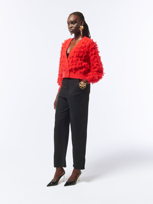 SOUR FIGS Fringed Checkerboard Cardigan in Lust Red