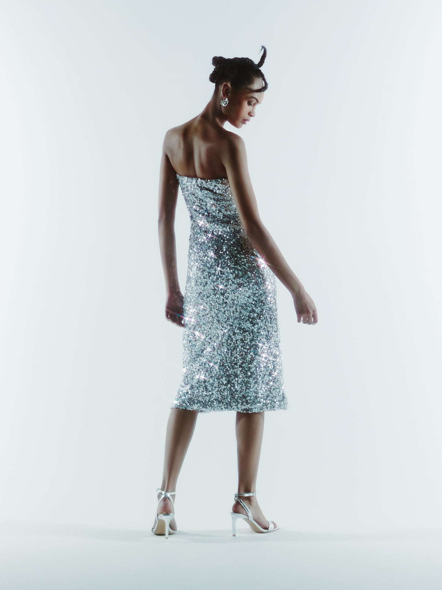 SOUR FIGS Floral Embellished Sequin Dress in Silver