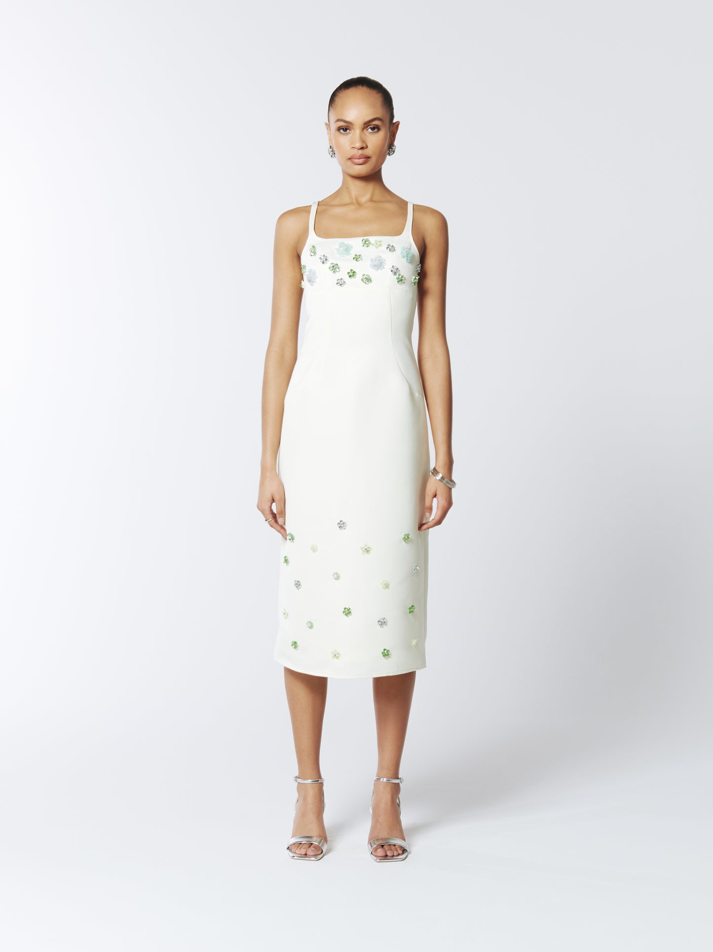 SOUR FIGS Floral Embellished Midi Dress in Green Almond