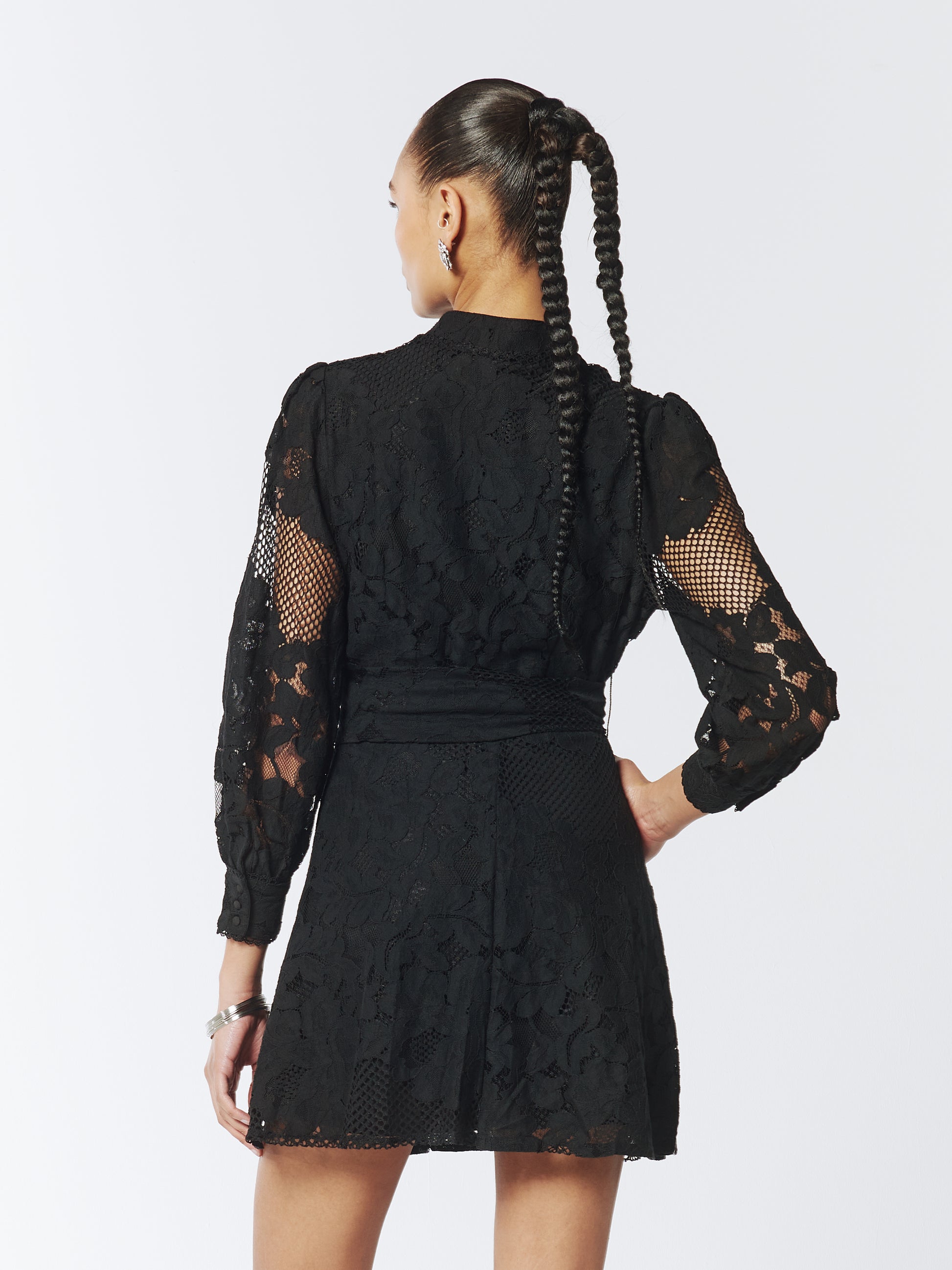 SOUR FIGS Sheer Lace Long Sleeve Mini Dress in Black 