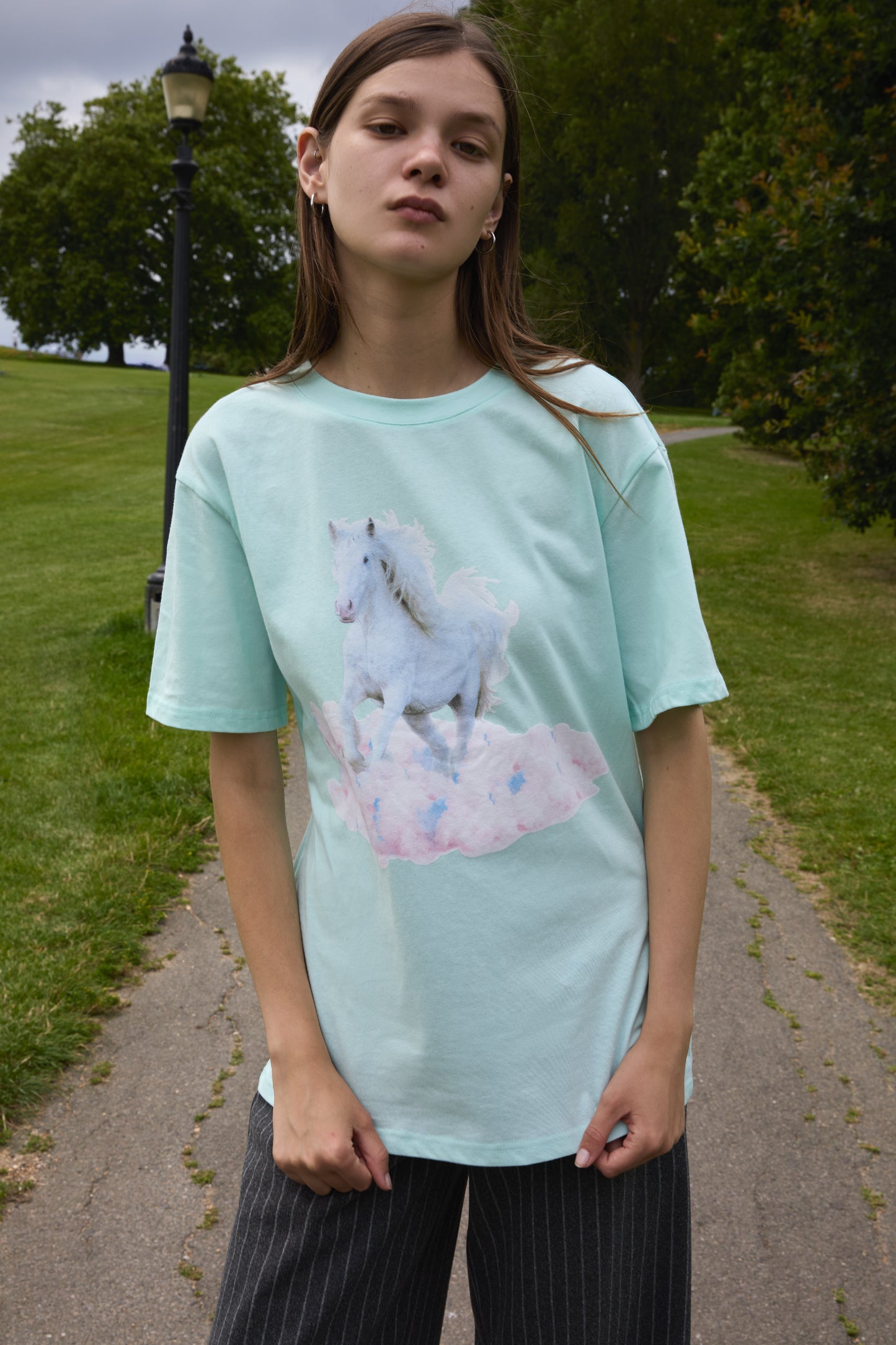 SOUR FIGS White Horse Print Unisex T-Shirt in Light Mint Green