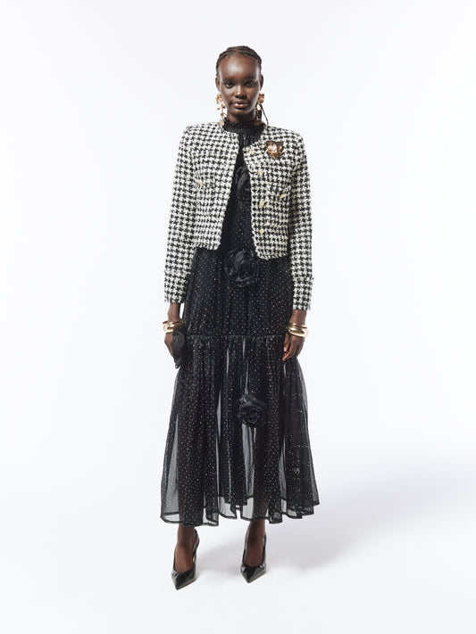 SOUR FIGS Brooch-detail Bouclé Tweed Jacket in Black and White Houndstooth
