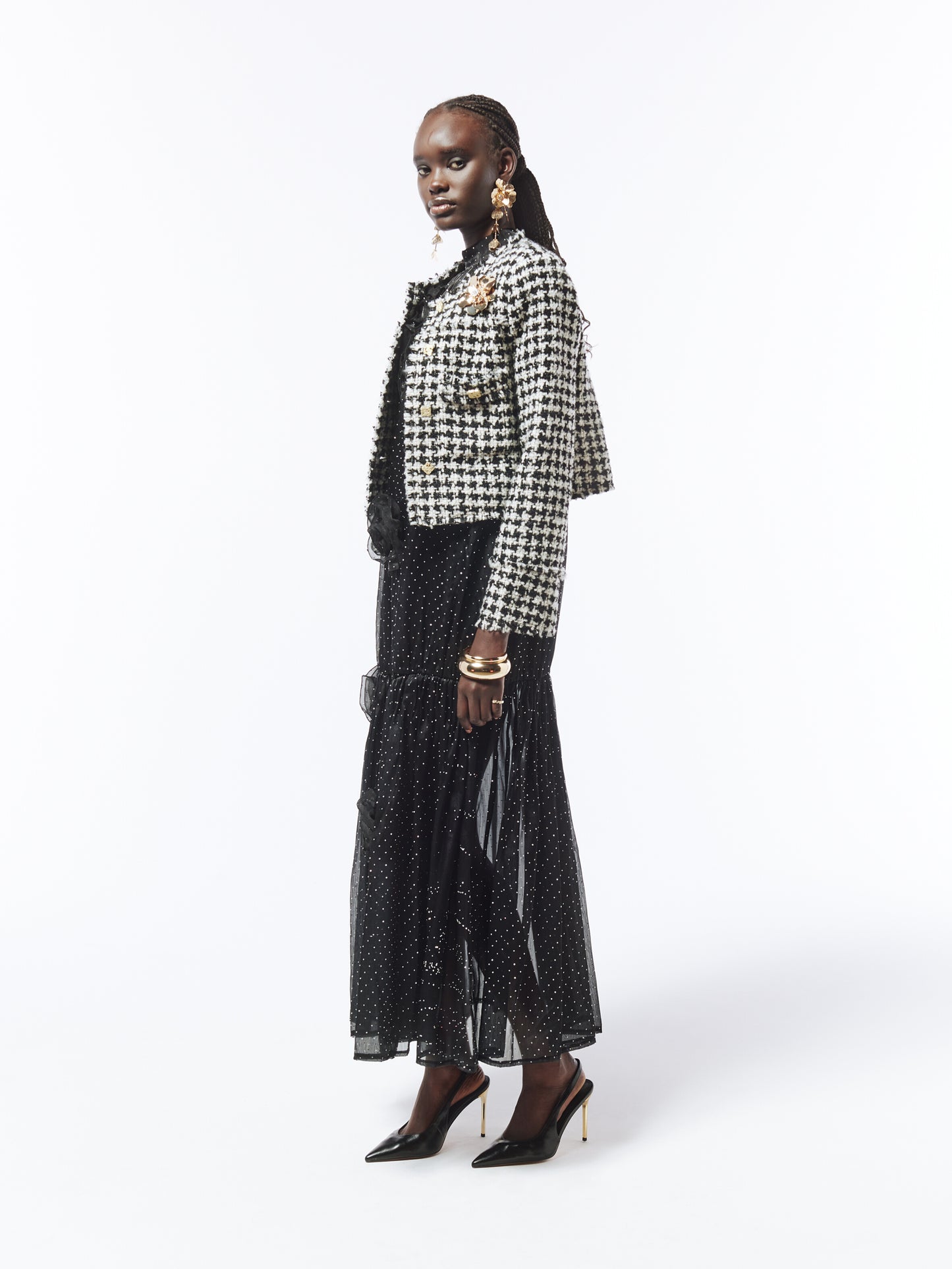 SOUR FIGS Brooch-detail Bouclé Tweed Jacket in Black and White Houndstooth