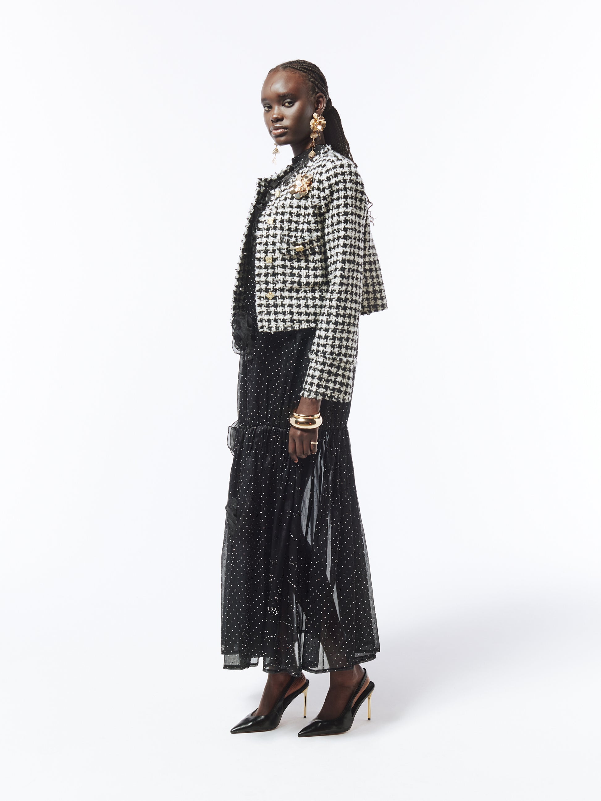 SOUR FIGS Brooch-detail Bouclé Tweed Jacket in Black and White Houndstooth