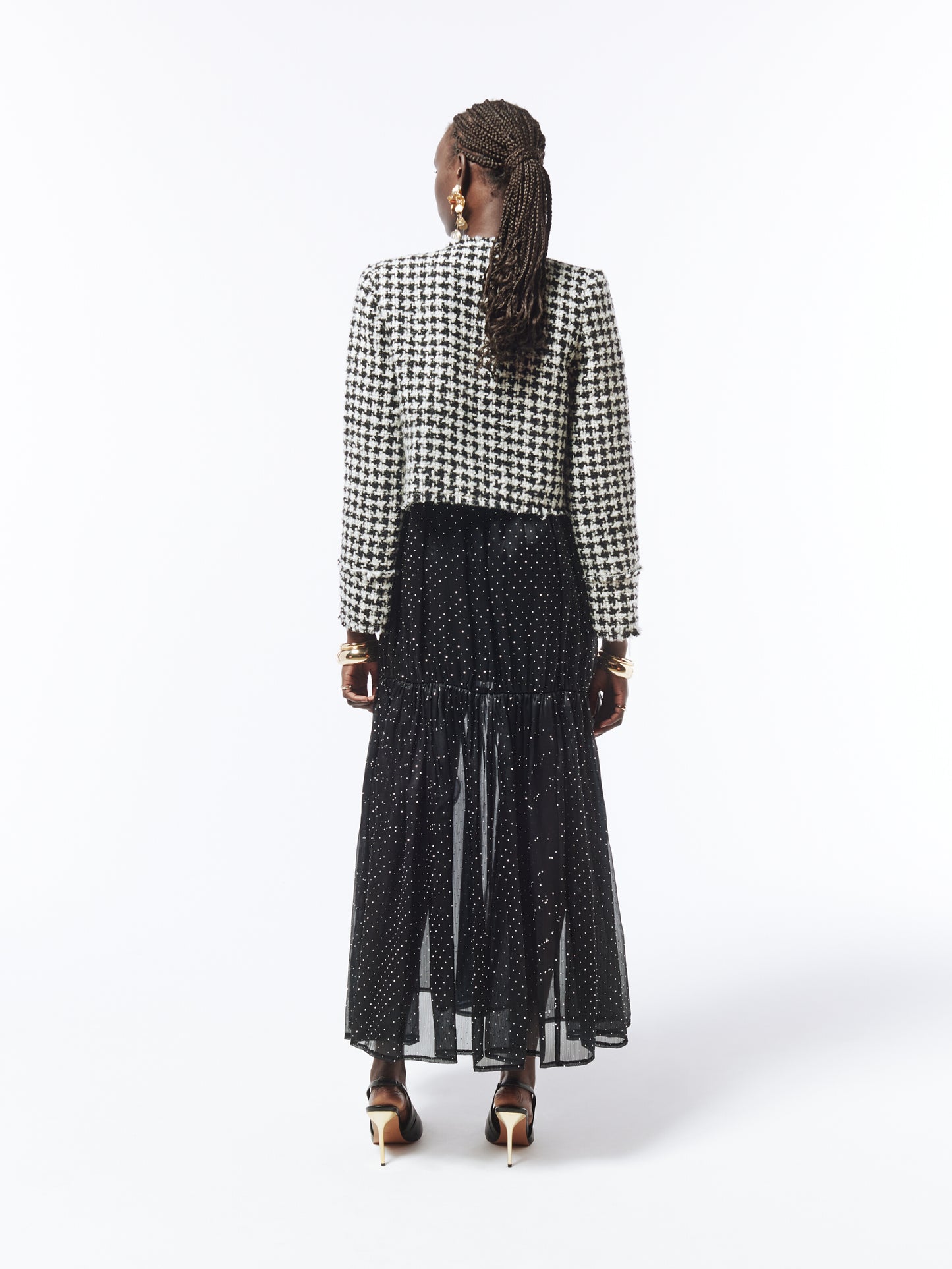 SOUR FIGS Brooch-detail Bouclé Tweed Jacket in Black and White Houndstooth