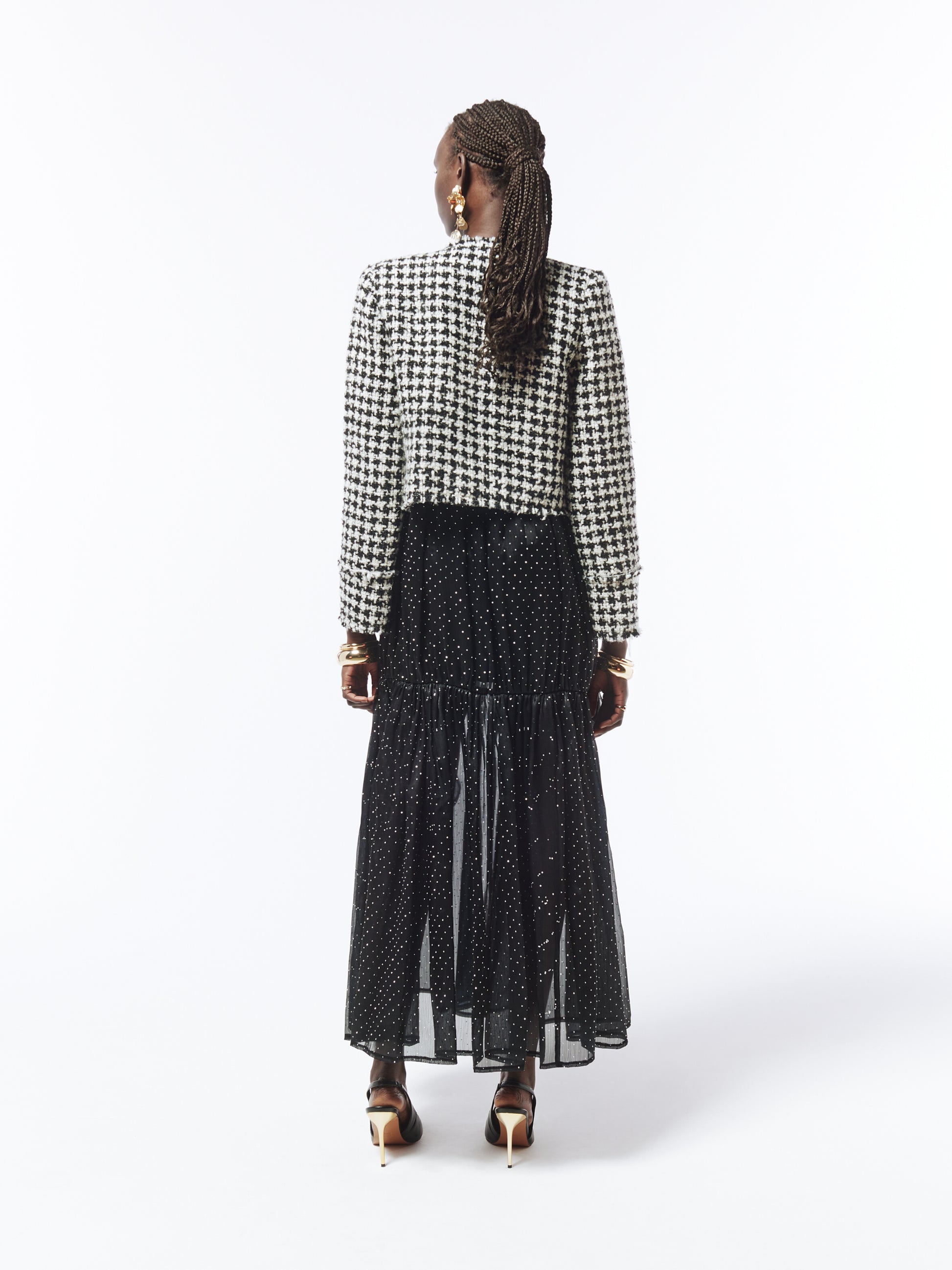 SOUR FIGS Brooch-detail Bouclé Tweed Jacket in Black and White Houndstooth
