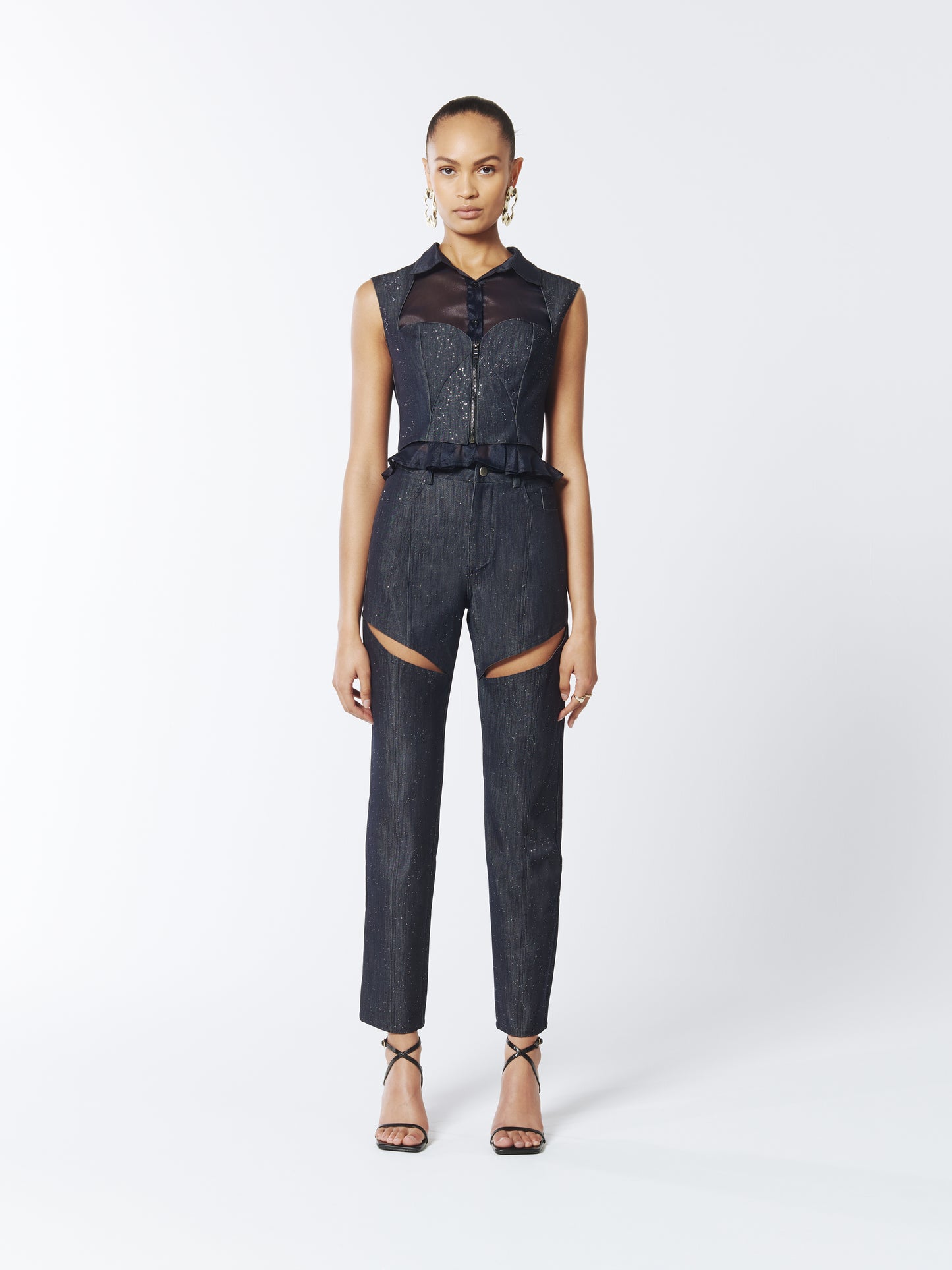 SOUR FIGS Composite Sparkly Denim Bustier Blouse in Profound Blue