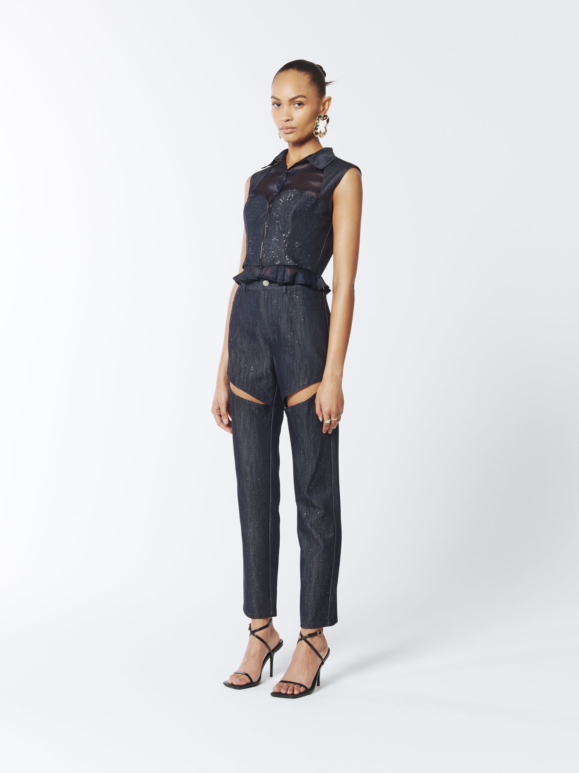 SOUR FIGS Composite Sparkly Denim Bustier Blouse in Profound Blue