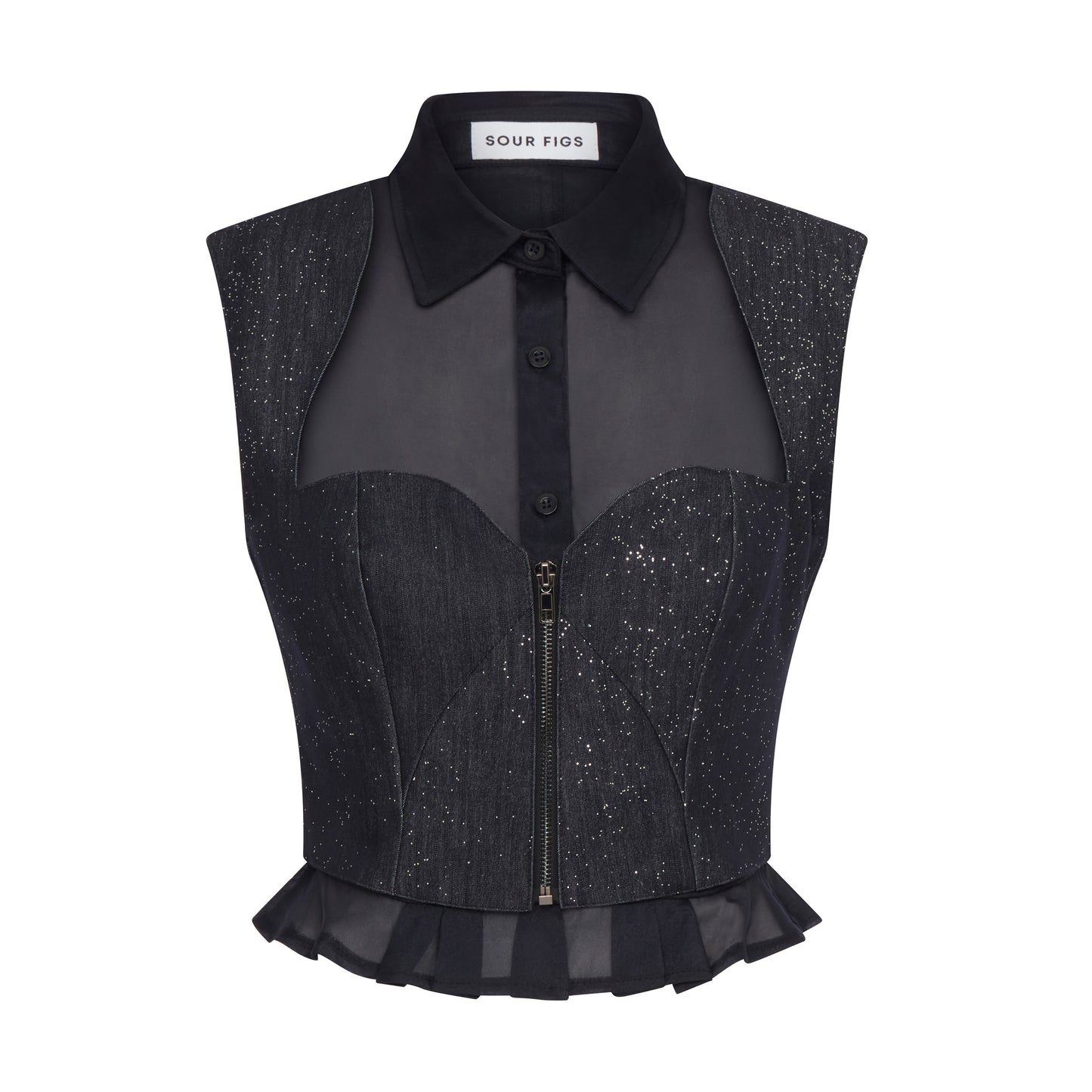SOUR FIGS Composite Sparkly Denim Bustier Blouse in Profound Blue