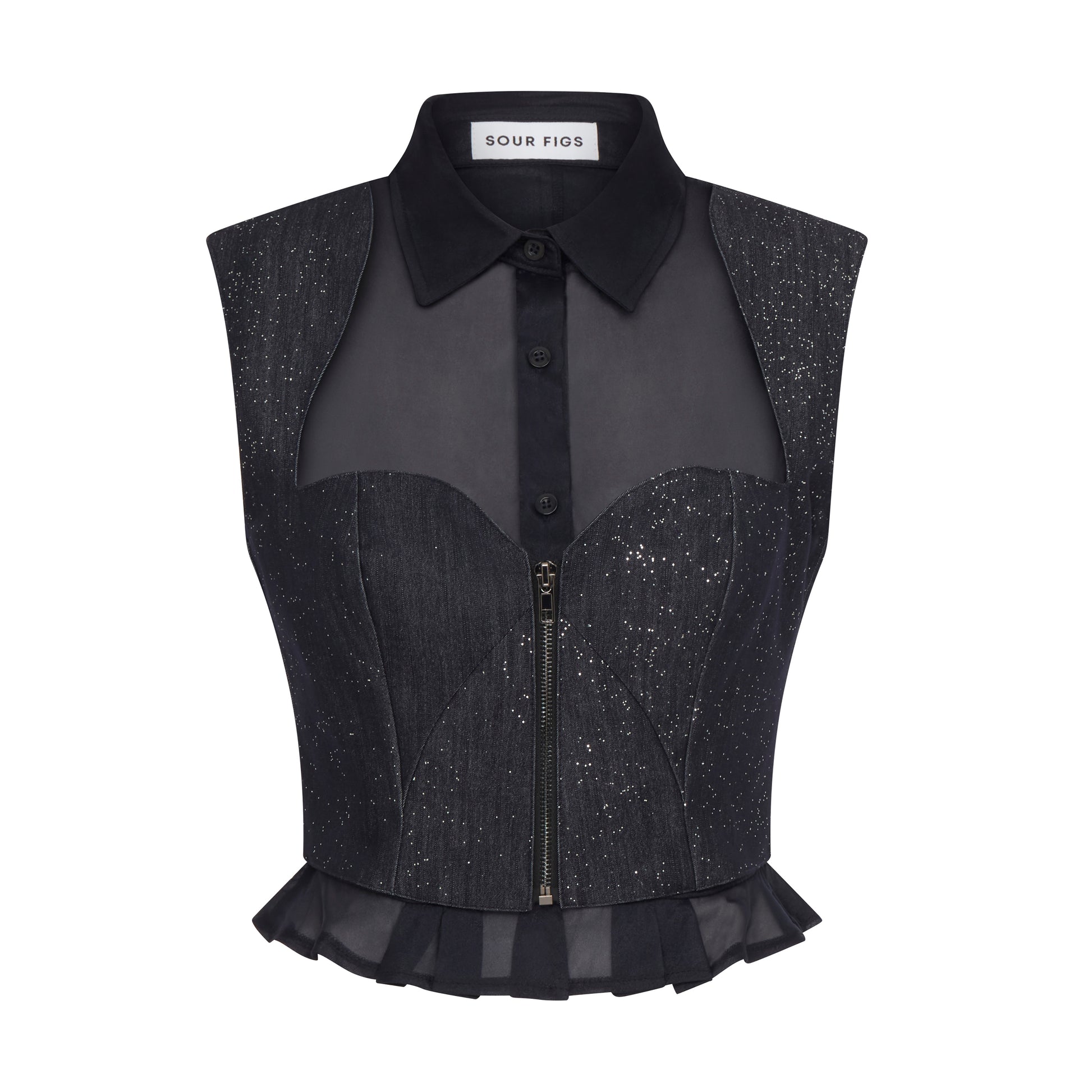 SOUR FIGS Composite Sparkly Denim Bustier Blouse in Profound Blue