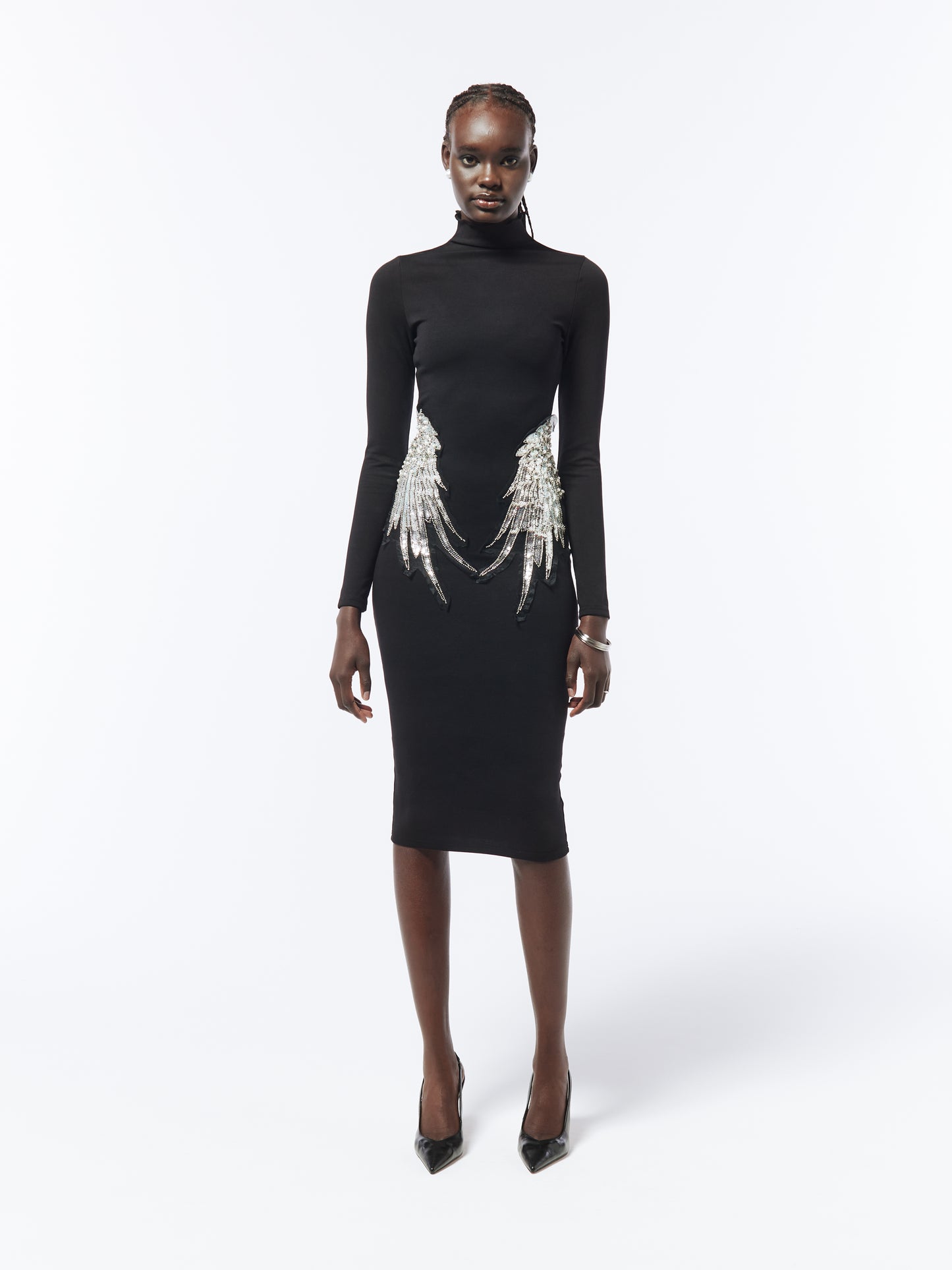 SOUR FIGS Embellished Wing Detail Turtleneck Dress in Black
