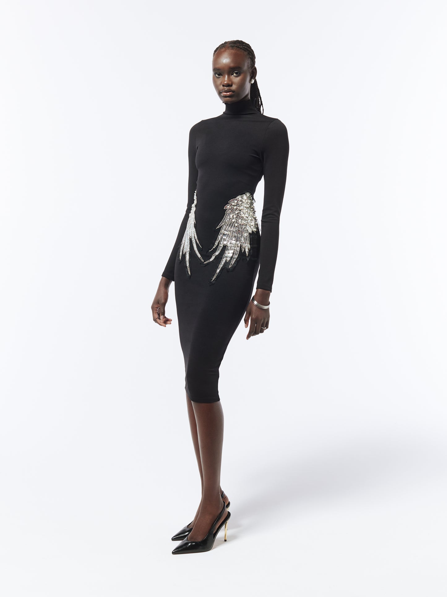SOUR FIGS Embellished Wing Detail Turtleneck Dress in Black