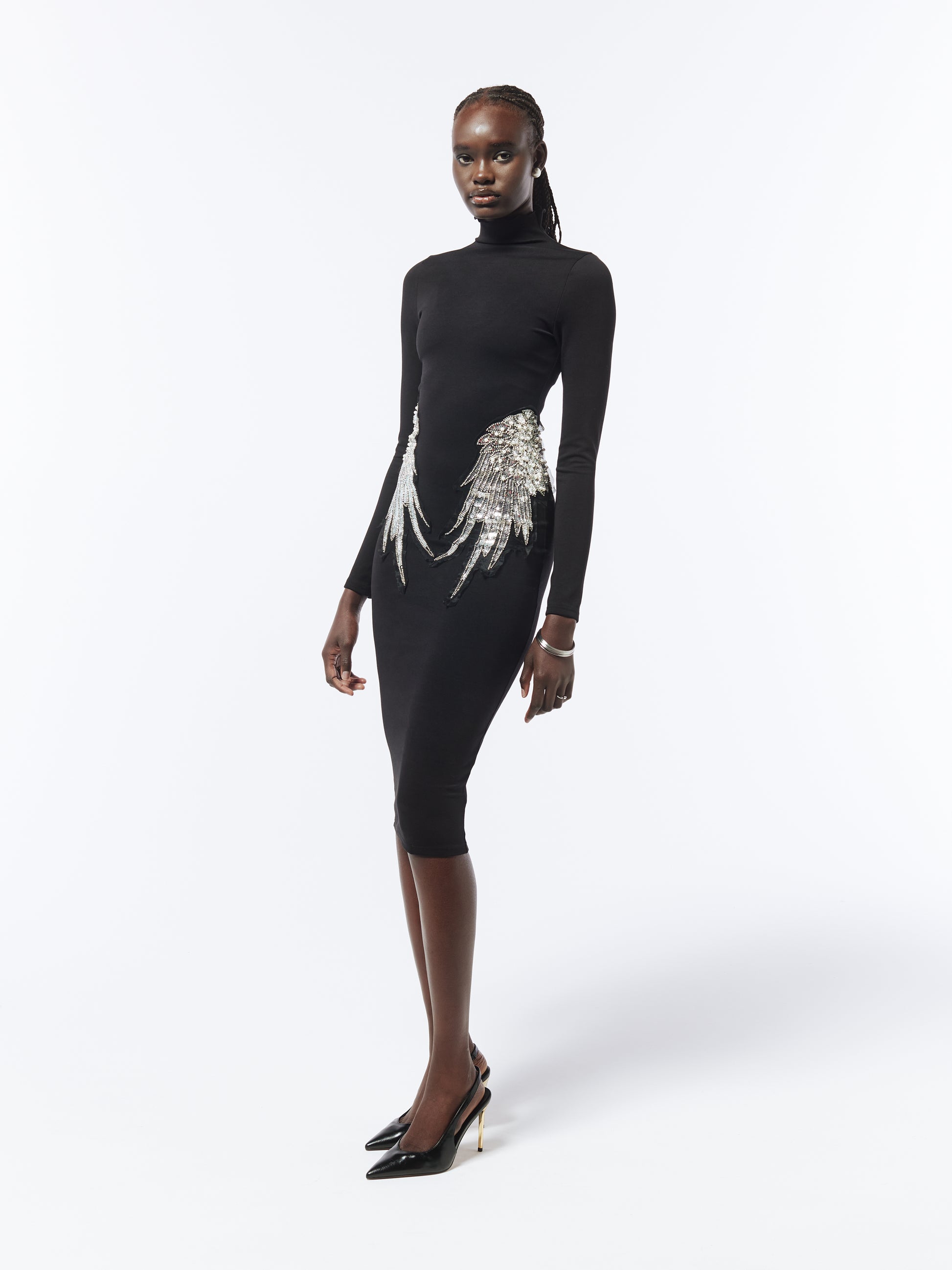 SOUR FIGS Embellished Wing Detail Turtleneck Dress in Black