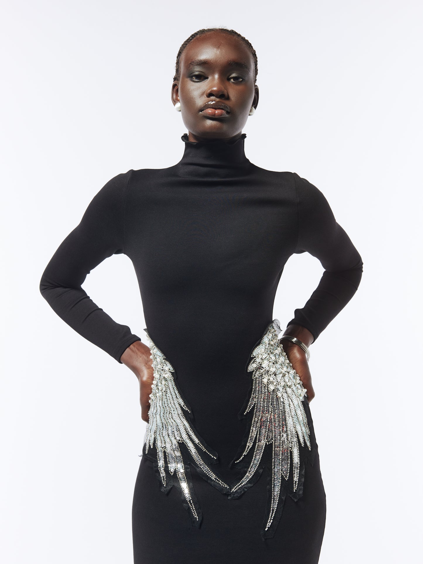 SOUR FIGS Embellished Wing Detail Turtleneck dress fabric detail