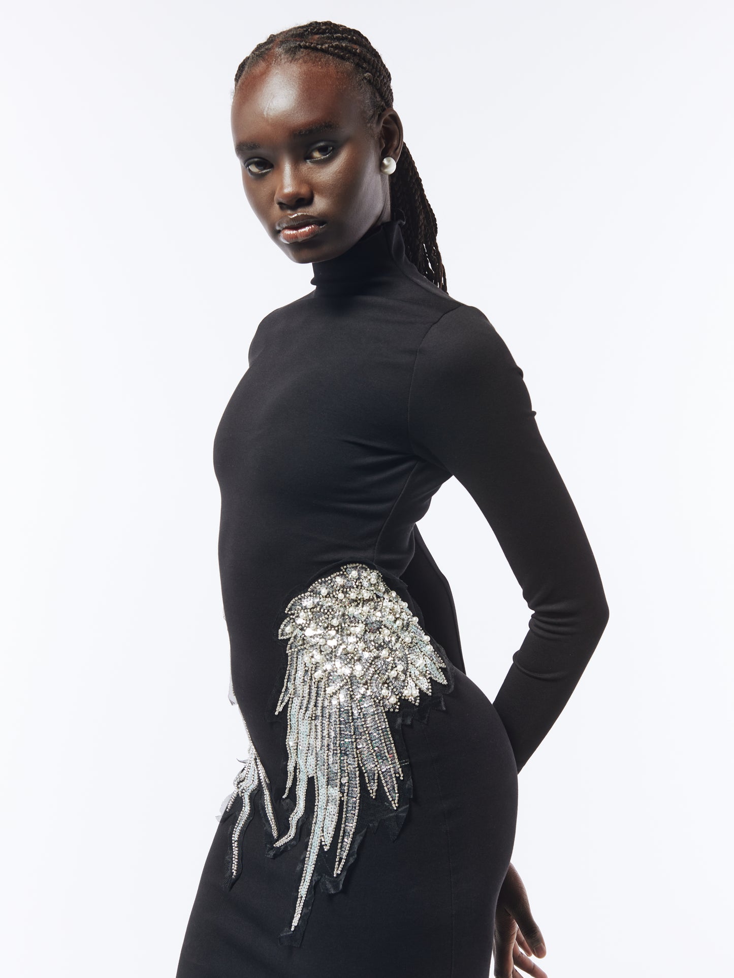 SOUR FIGS Embellished Wing Detail Turtleneck Dress in Black