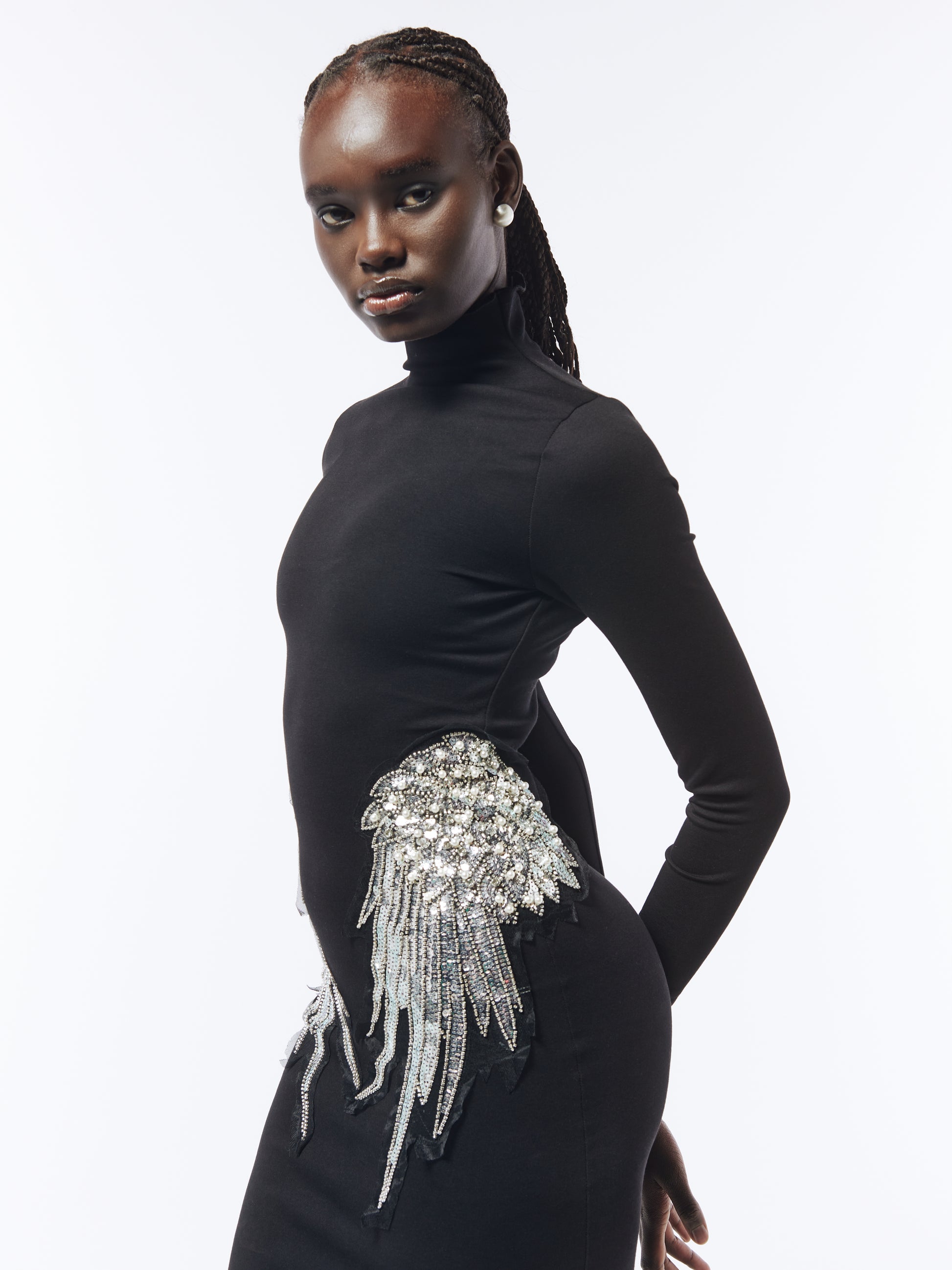 SOUR FIGS Embellished Wing Detail Turtleneck Dress in Black