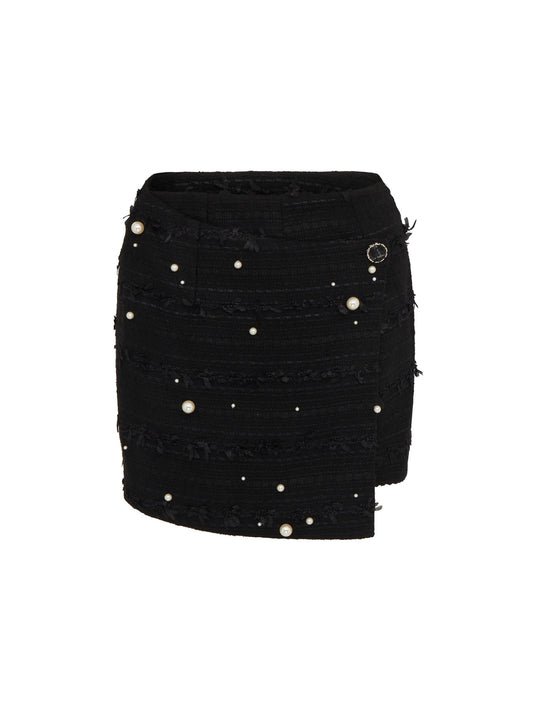 SOUR FIGS Faux Pearl-Embellished Asymmetric Wrap Skirt in Black