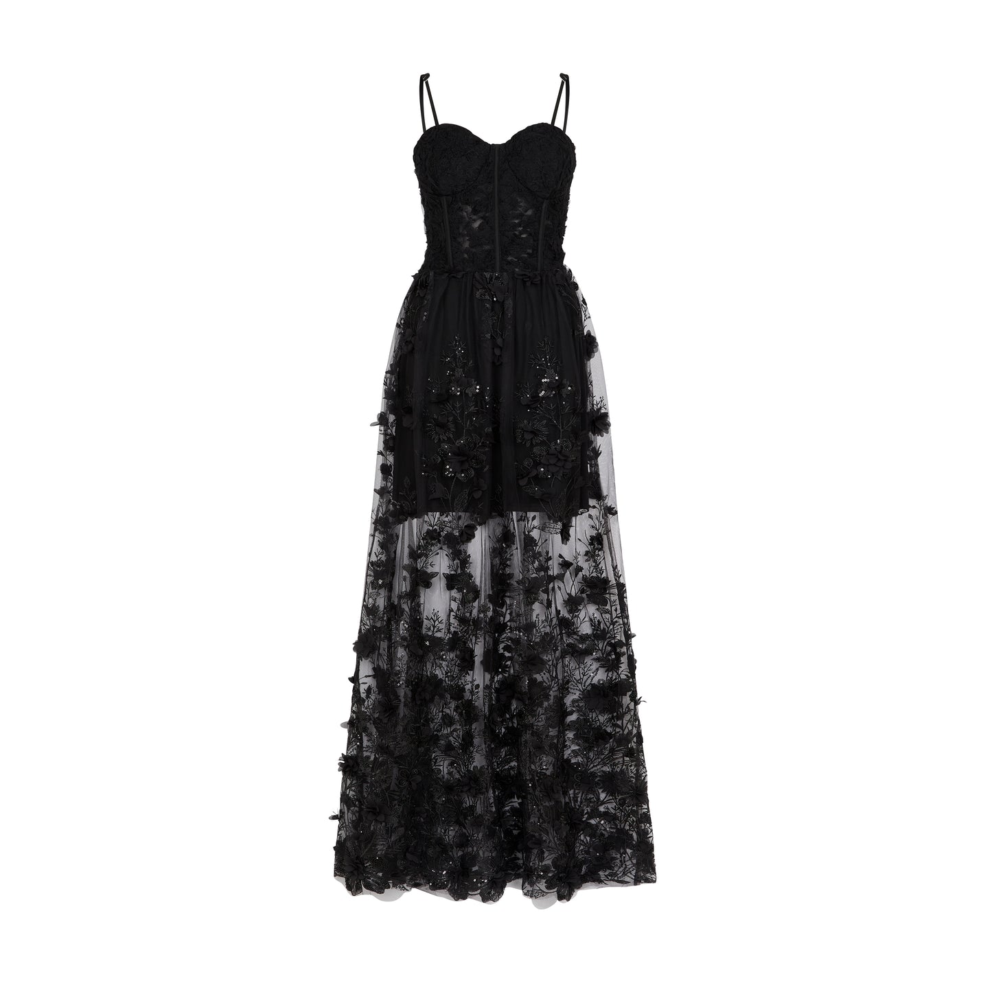 SOUR FIGS Floral Embellished Bustier Sheer Gown in Black