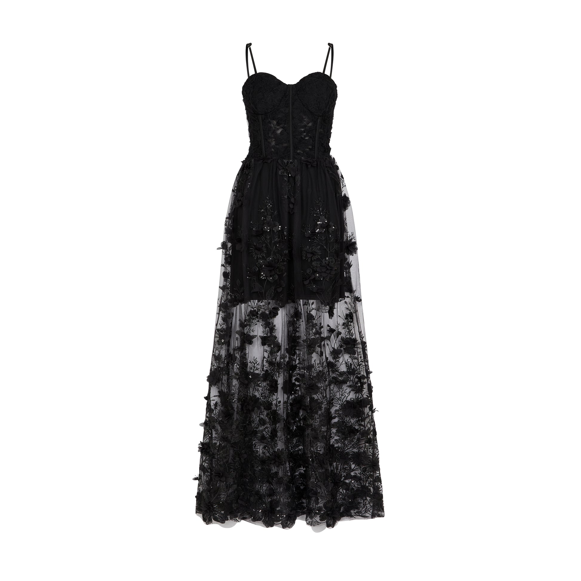 SOUR FIGS Floral Embellished Bustier Sheer Gown in Black