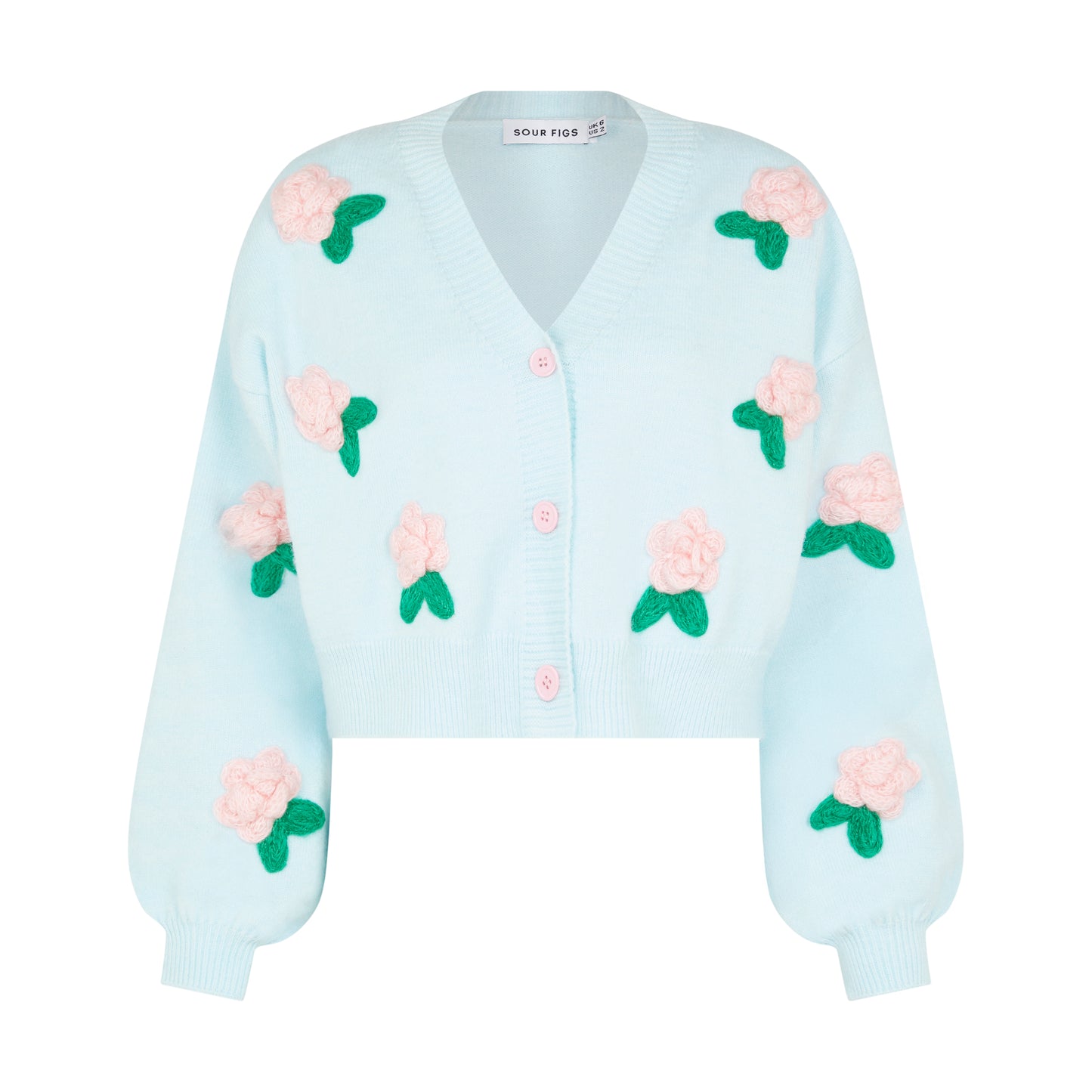 SOUR FIGS Flower Detail Knit Cardigan in Baby Blue