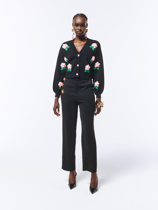 SOUR FIGS Flower Detail Knit Cardigan in Black