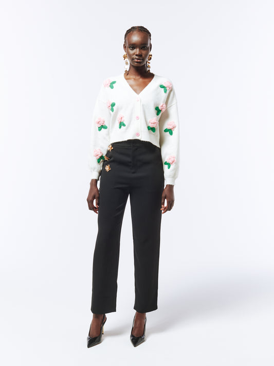SOUR FIGS Flower Detail Knit Cardigan in Ivory White