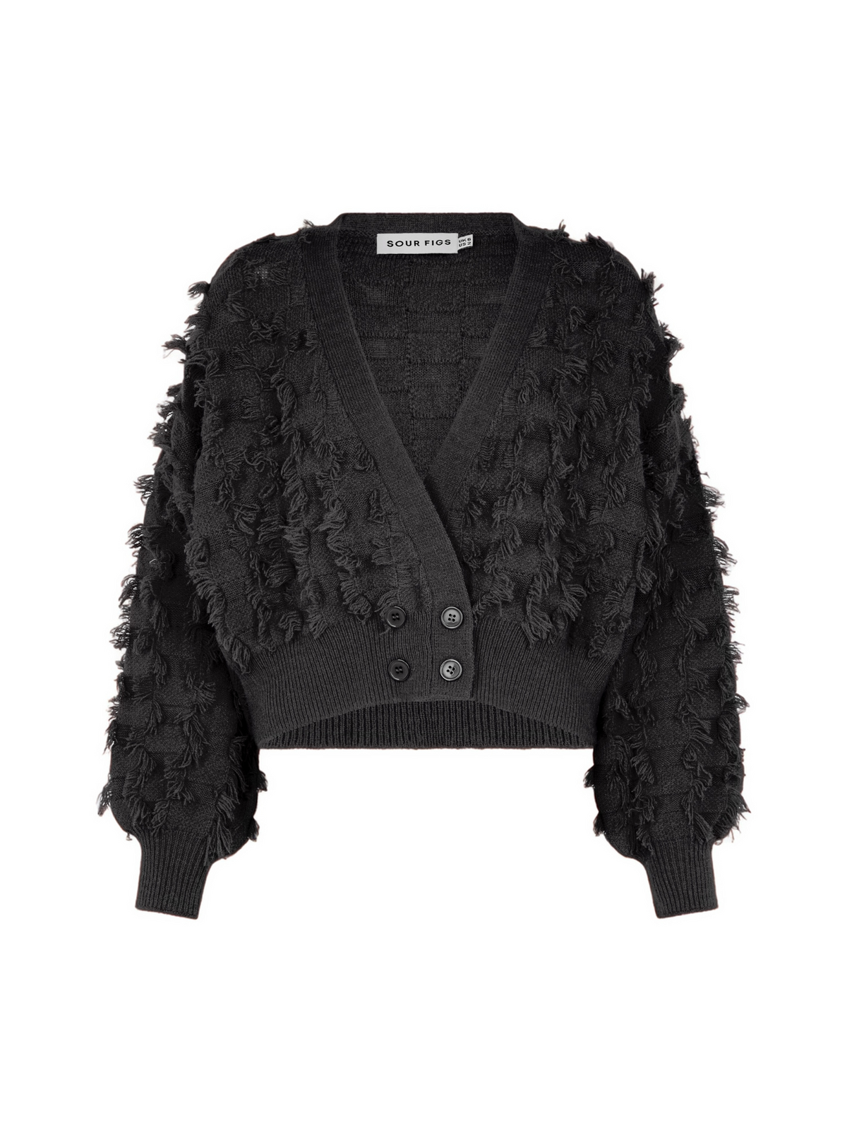 A black fringed checkerboard cardigan with a low V-neck and front buttons that is great for trans-seasonal layering or wearing alone everyday.