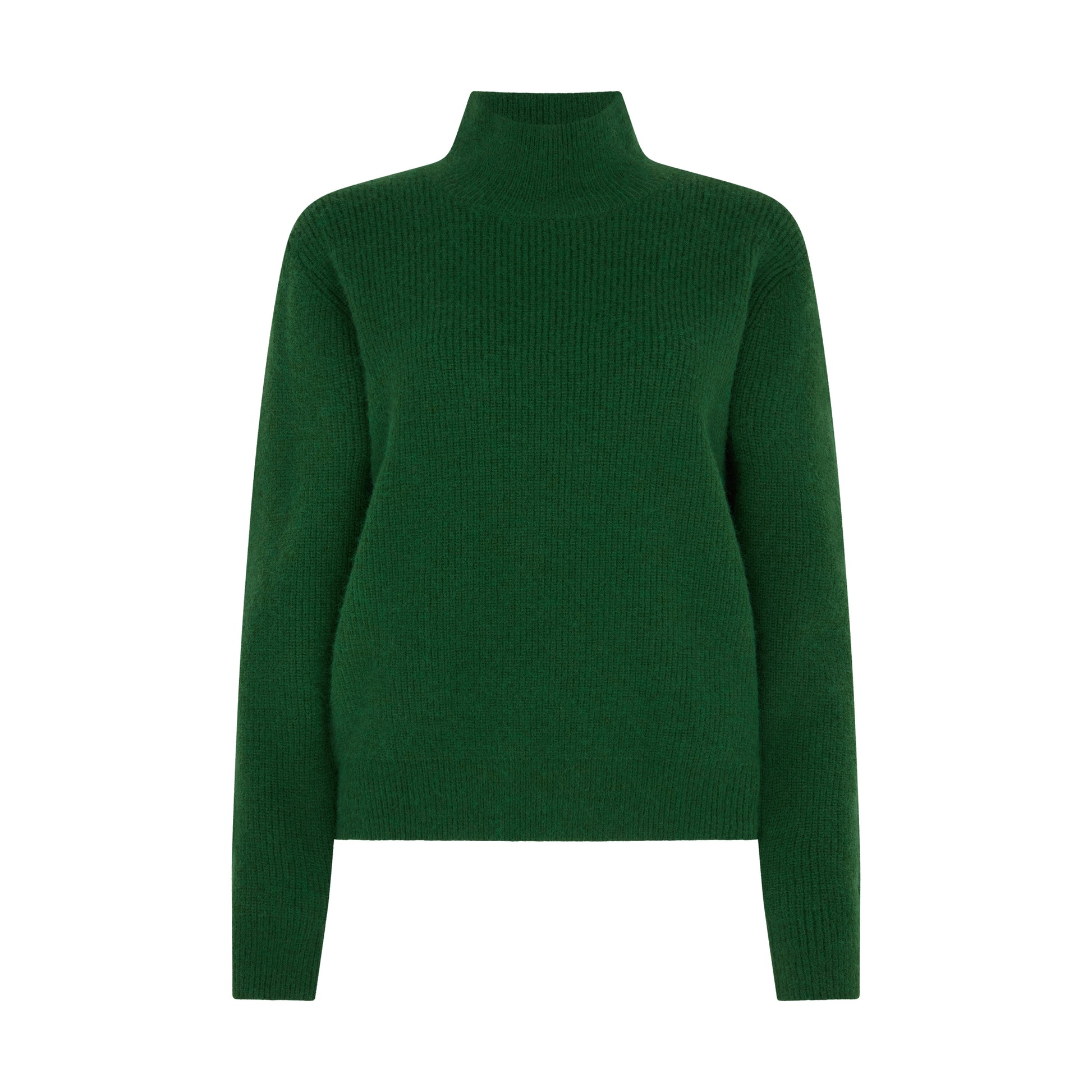 Flat studio image of Gold-Button Shoulder Jumper in Pine Green.