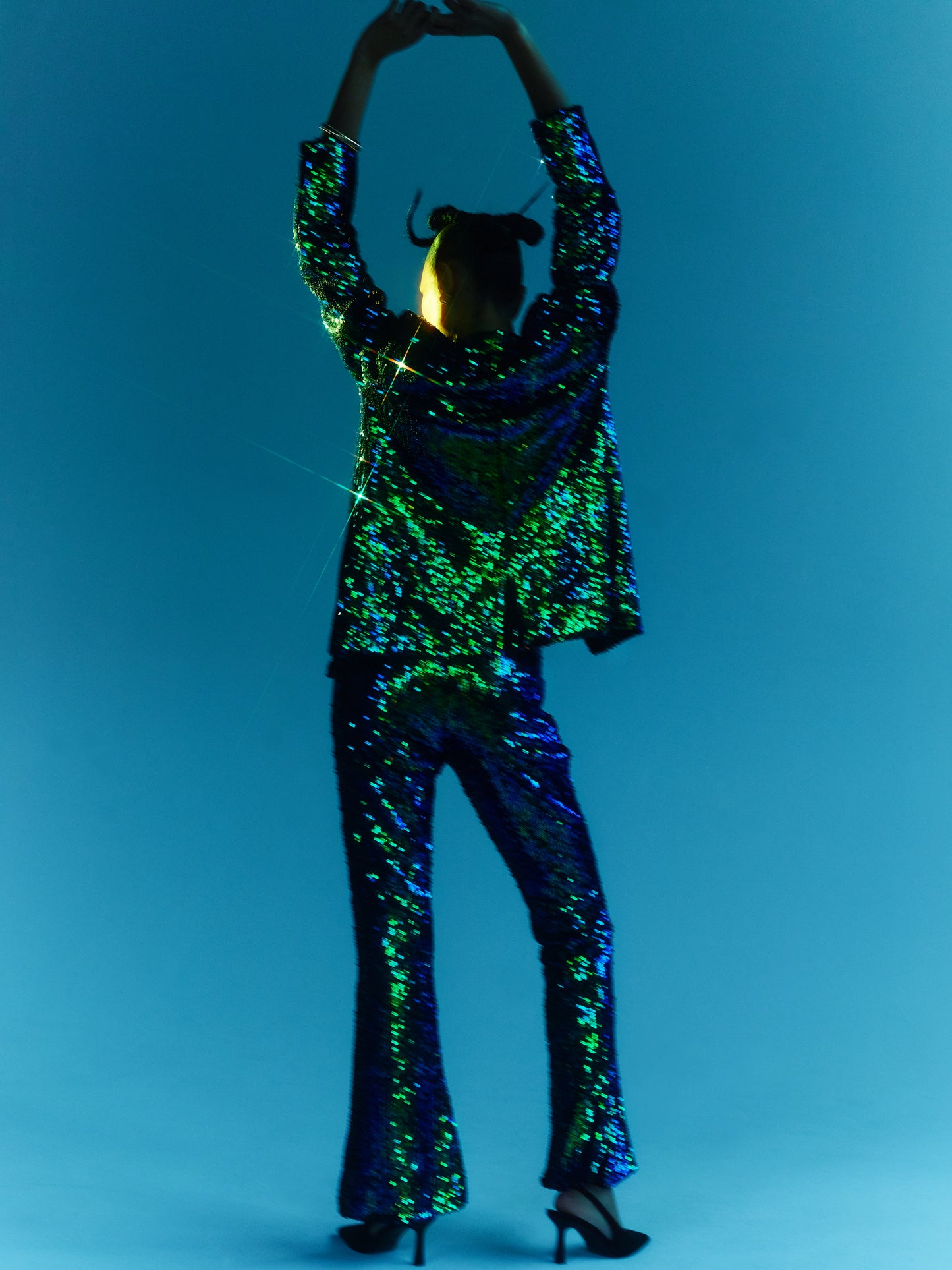 SOUR FIGS Iridescent Sequin Blazer in Green Peafowl