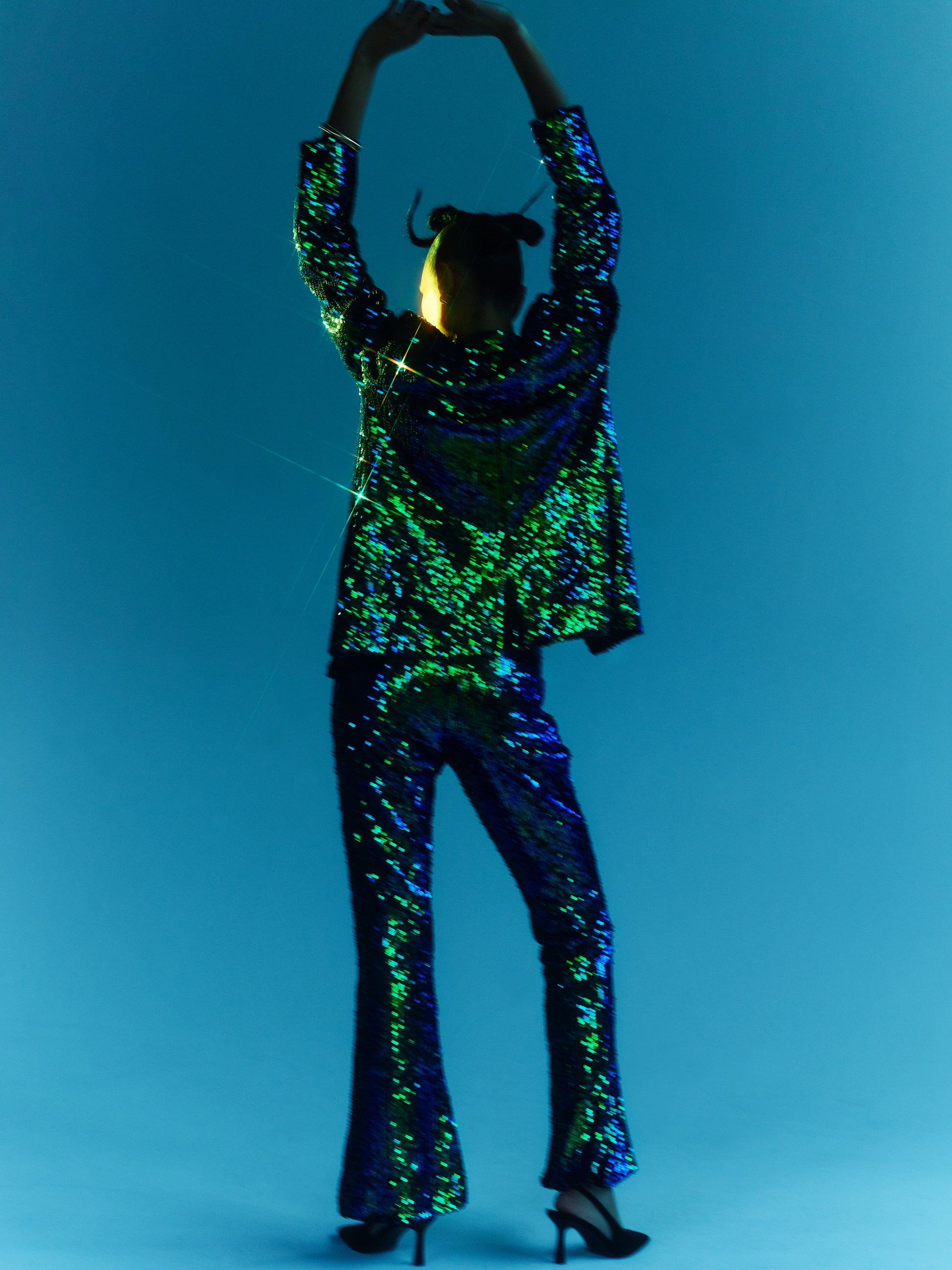SOUR FIGS Iridescent Sequin Blazer in Green Peafowl
