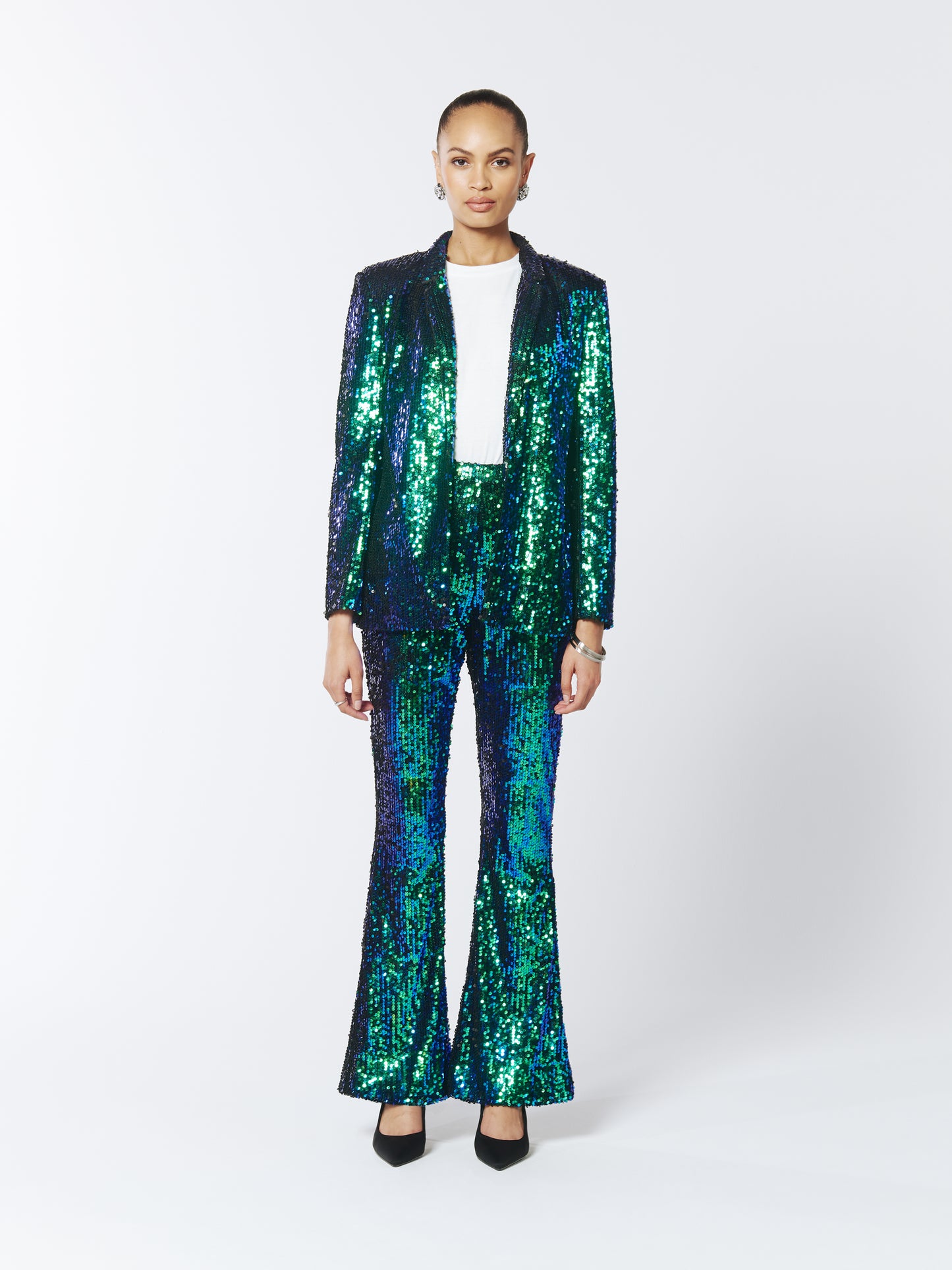 SOUR FIGS Iridescent Sequin Flared Trousers in Green Peafowl