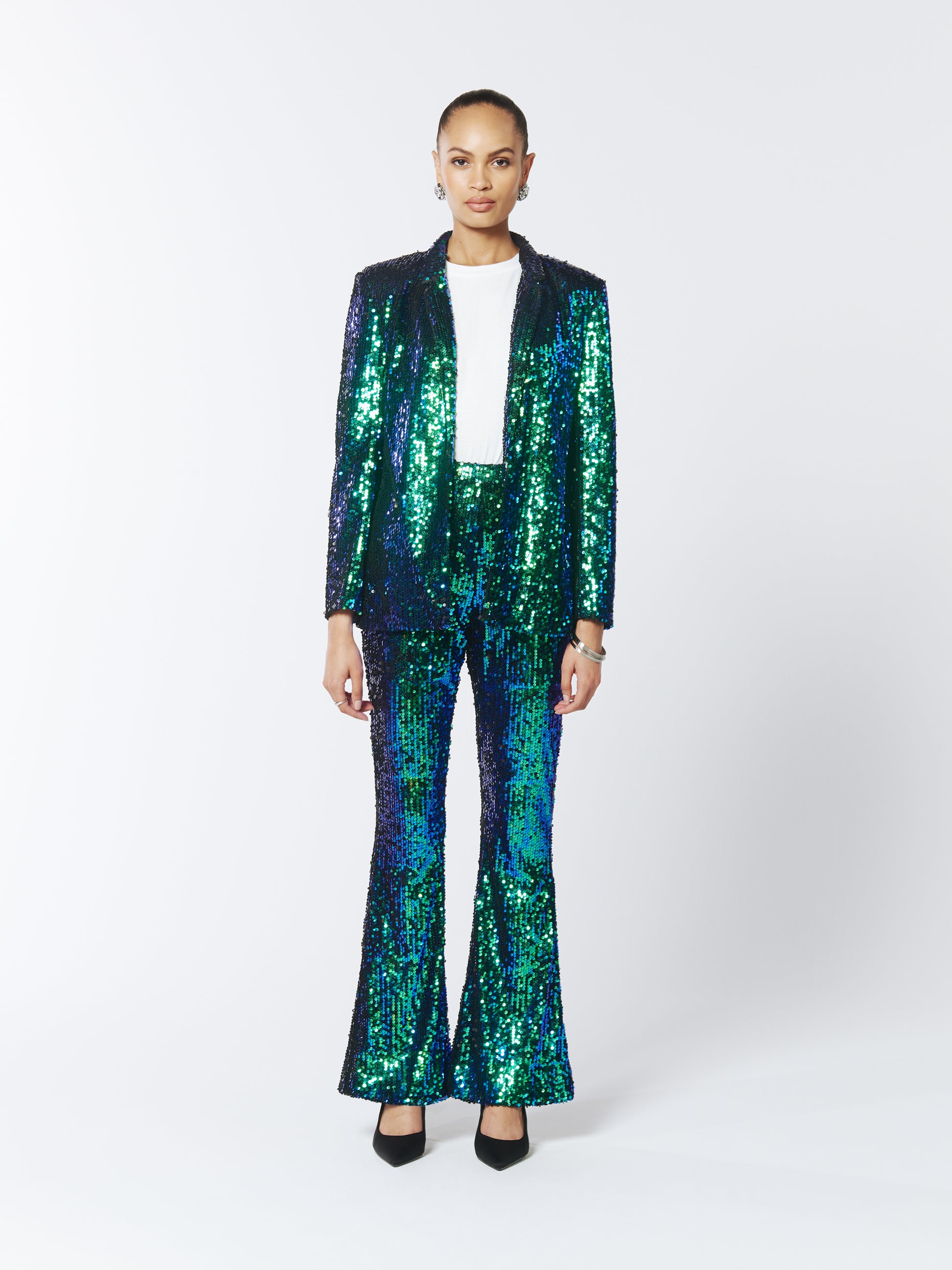 SOUR FIGS Iridescent Sequin Flared Trousers in Green Peafowl
