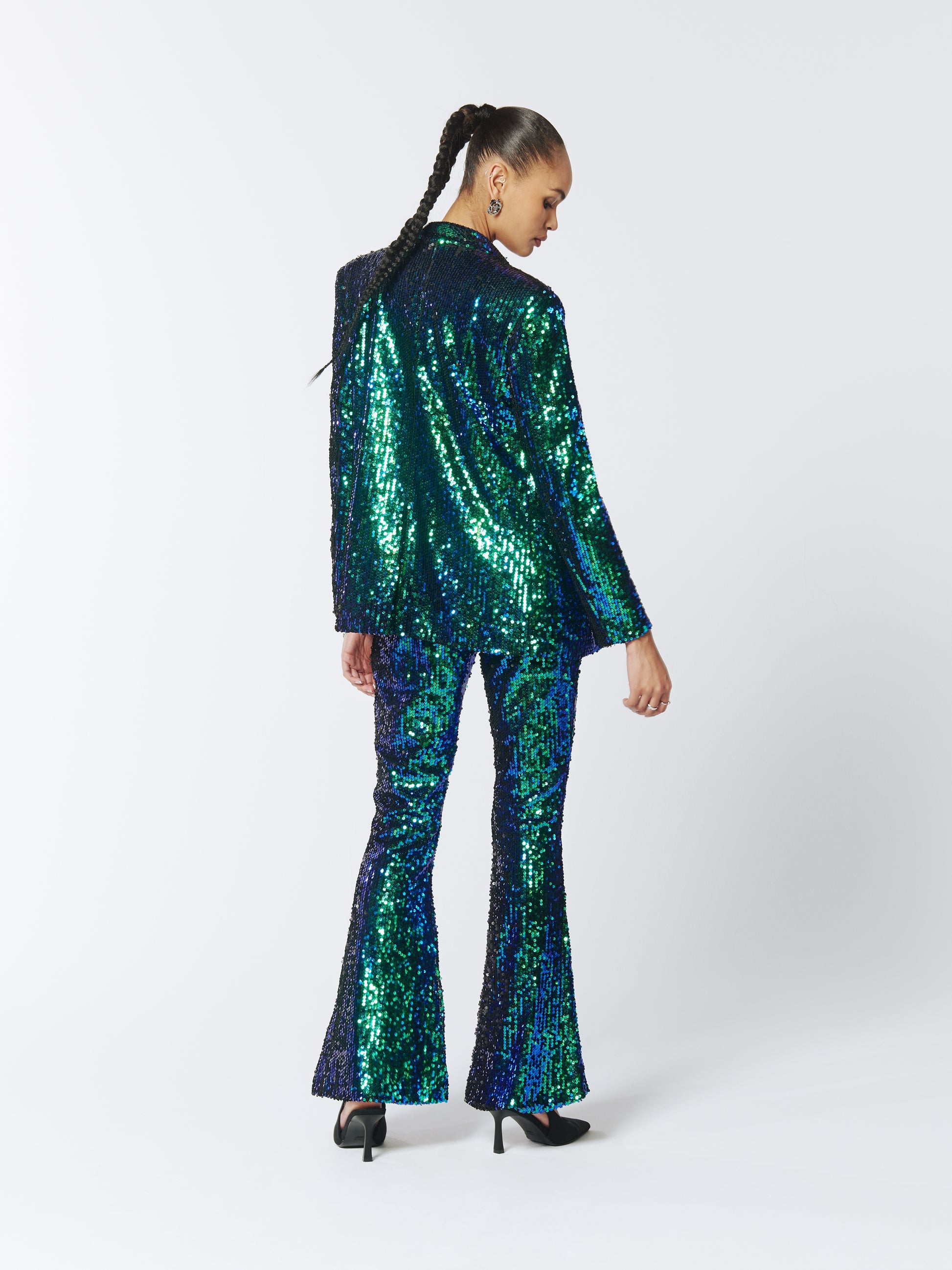 SOUR FIGS Iridescent Sequin Flared Trousers in Green Peafowl