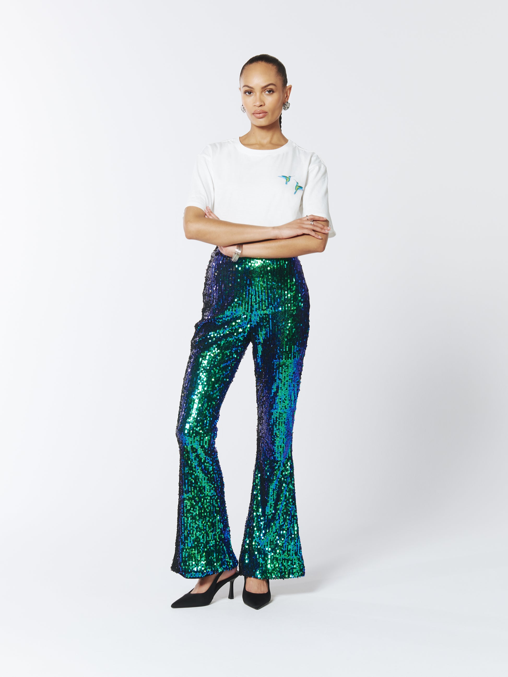 SOUR FIGS Iridescent Sequin Flared Trousers in Green Peafowl