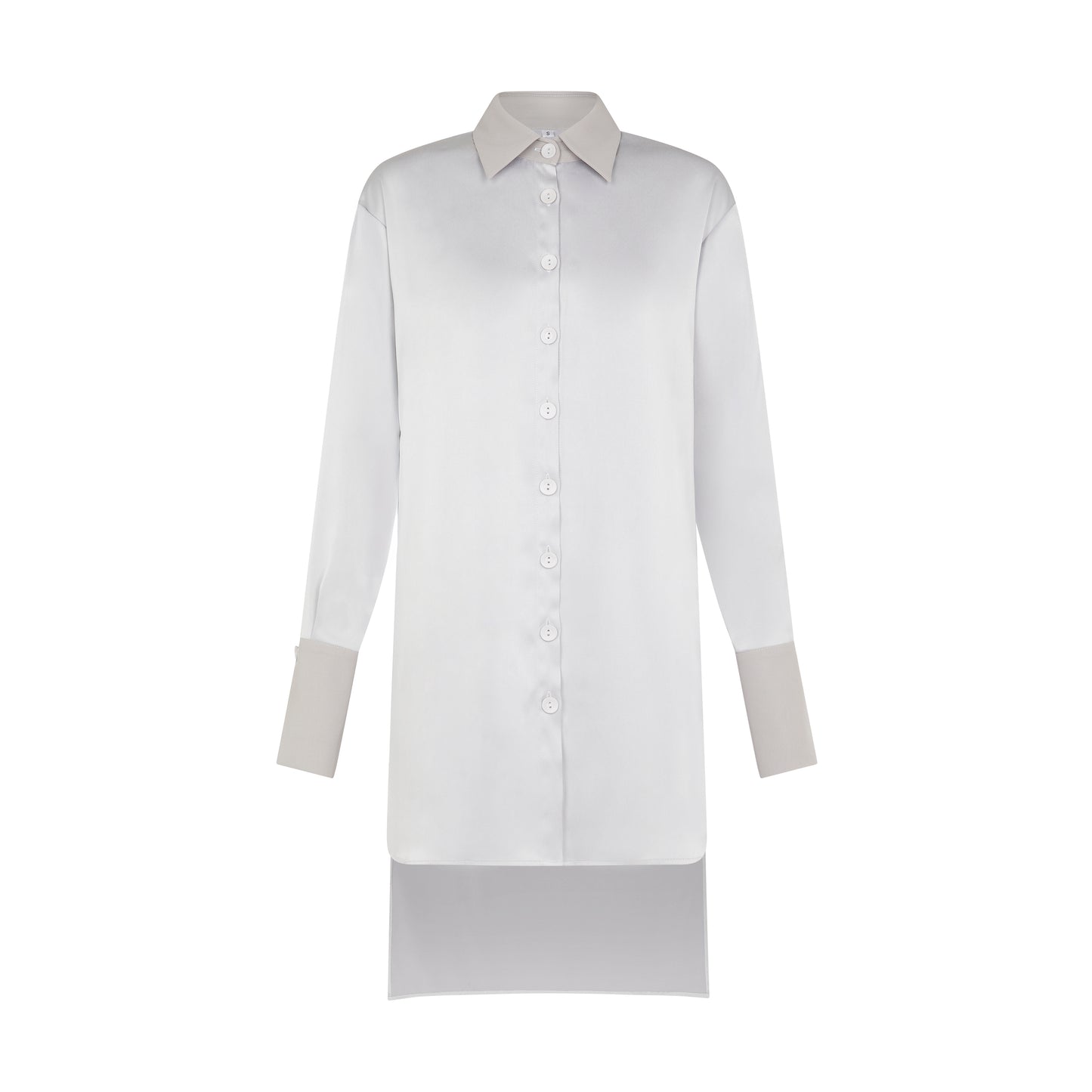 SOUR FIGS silver oversized satin shirt dress with asymmetric high-low hem – modern and elegant.