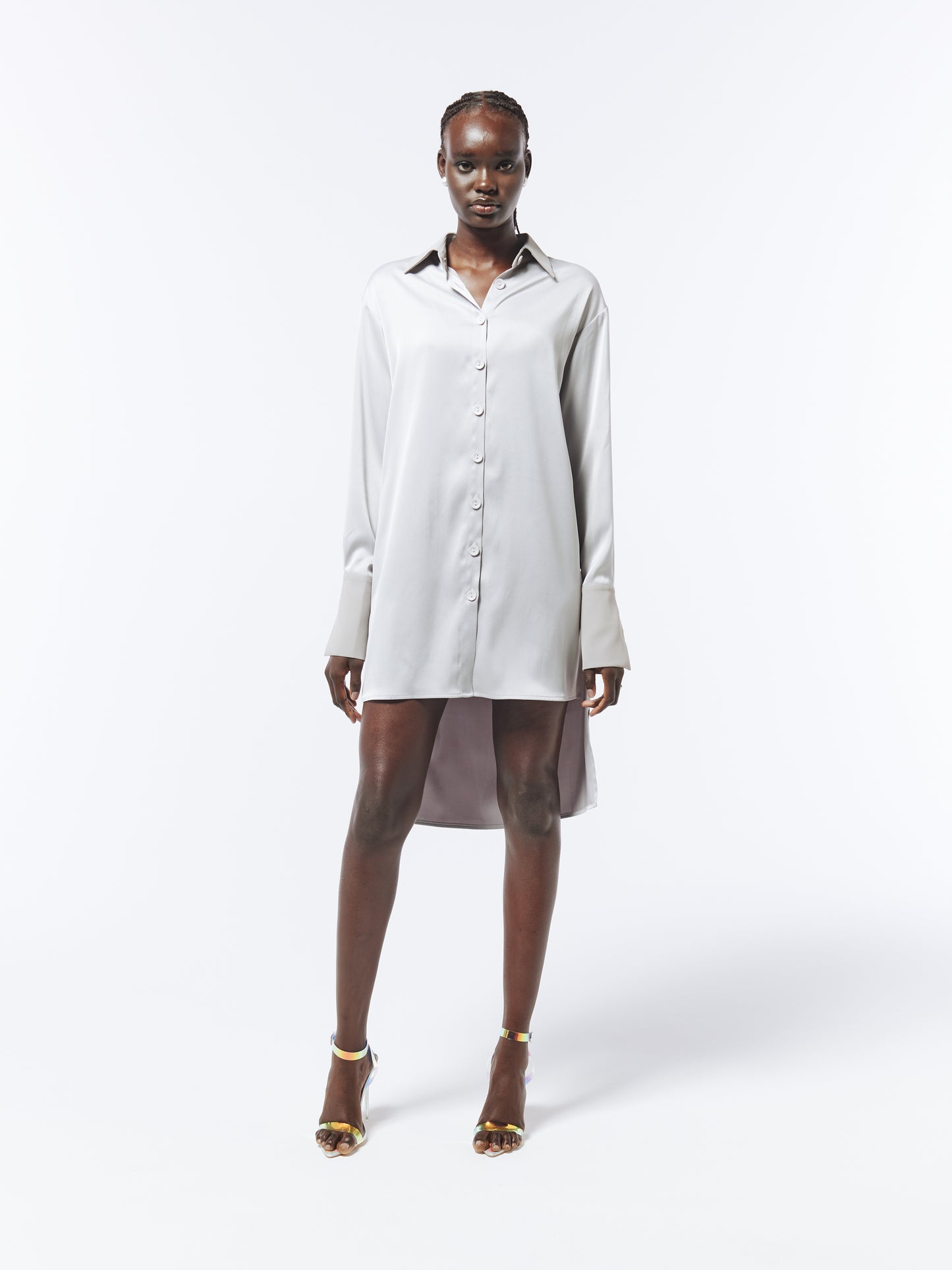 Luxury high-low satin shirt dress in silver by SOUR FIGS – oversized fit for effortless chic.