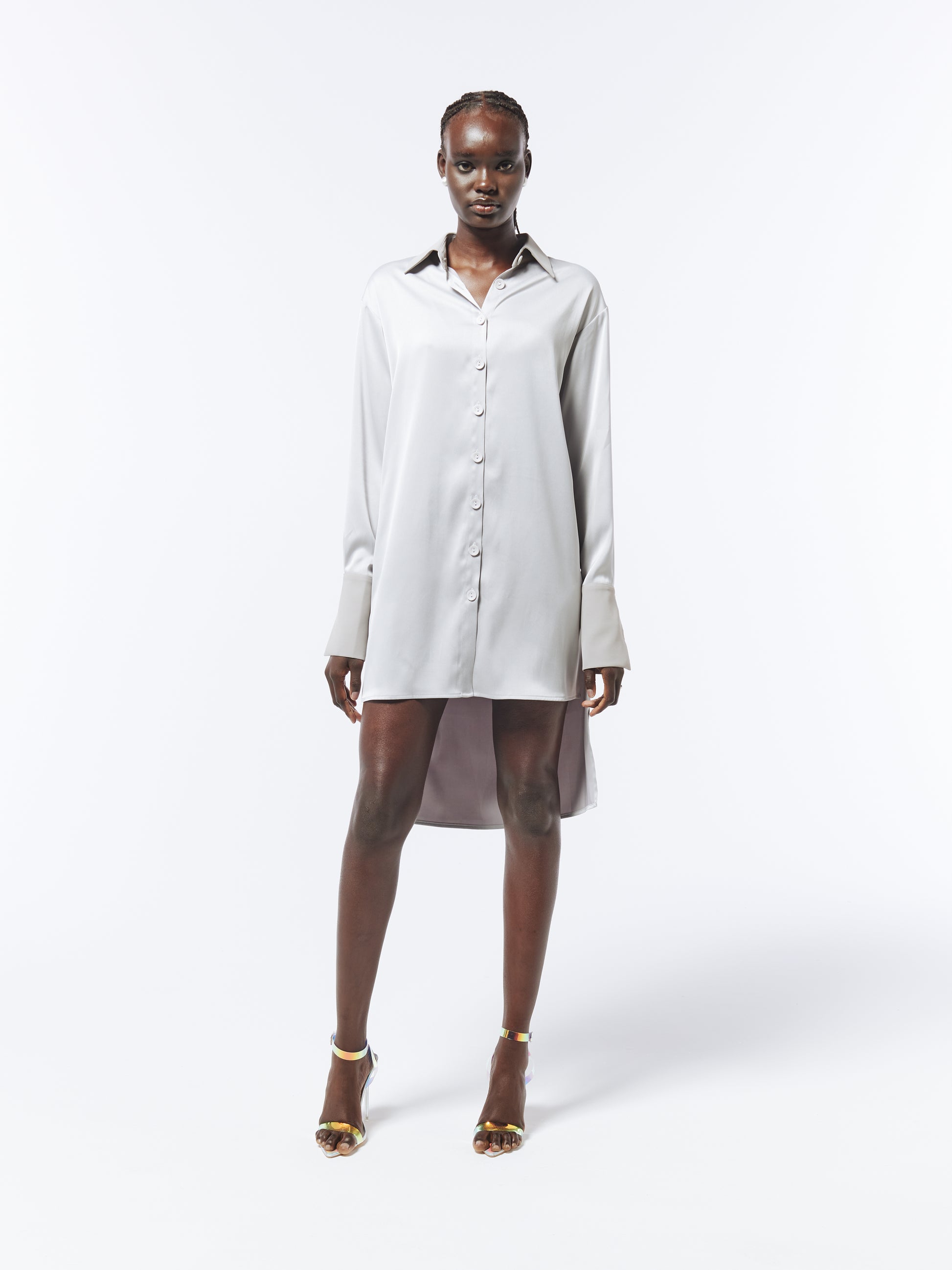 Luxury high-low satin shirt dress in silver by SOUR FIGS – oversized fit for effortless chic.