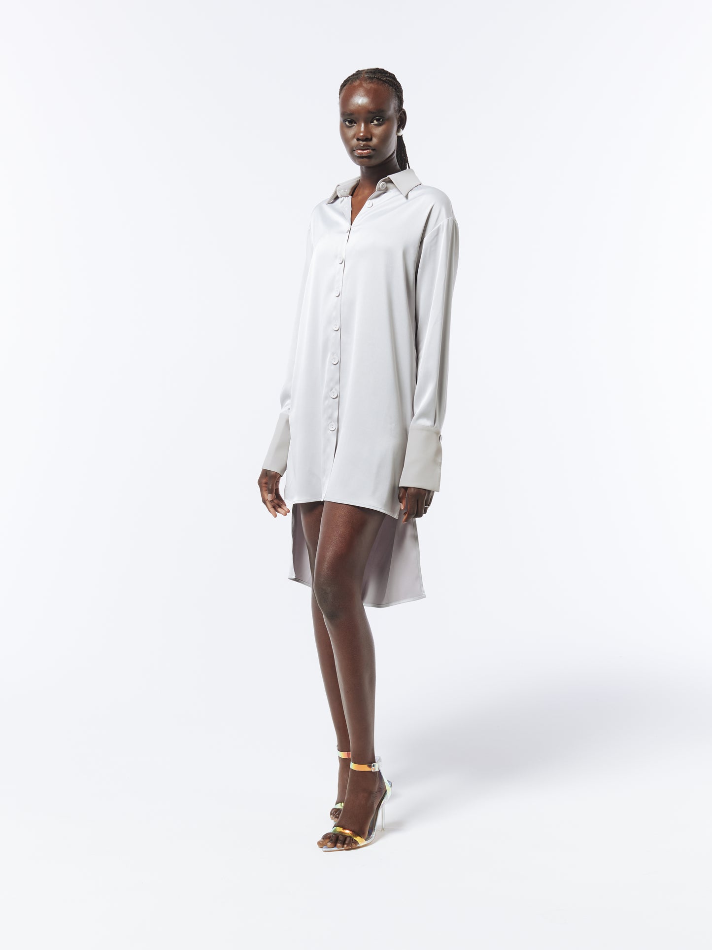 SOUR FIGS oversized asymmetric satin dress in silver – sophisticated and versatile statement piece.