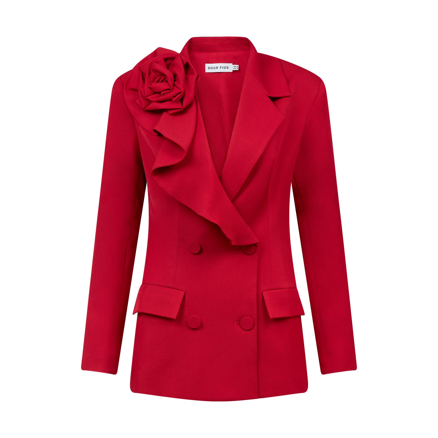 Flat lay of SOUR FIGS Rose-Detail Double-Breasted Blazer in Vivid Burgundy Red showing buttons and rose detail.